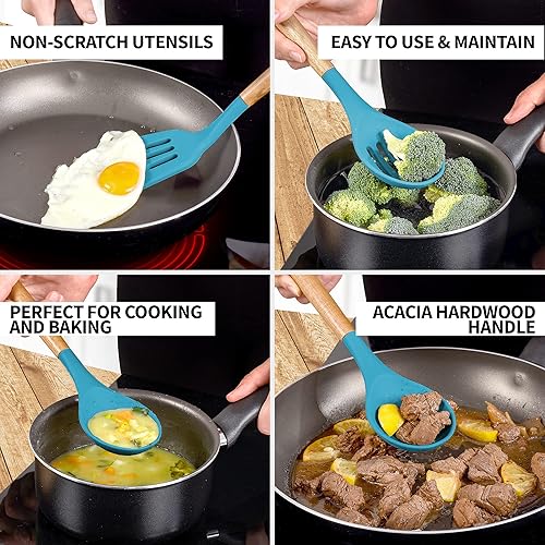 Miniatura 3 de Zulay Kitchen - Juego de utensilios de cocina de silicona con mango de madera de acacia auténtica, juego de utensilios de cocina de silicona