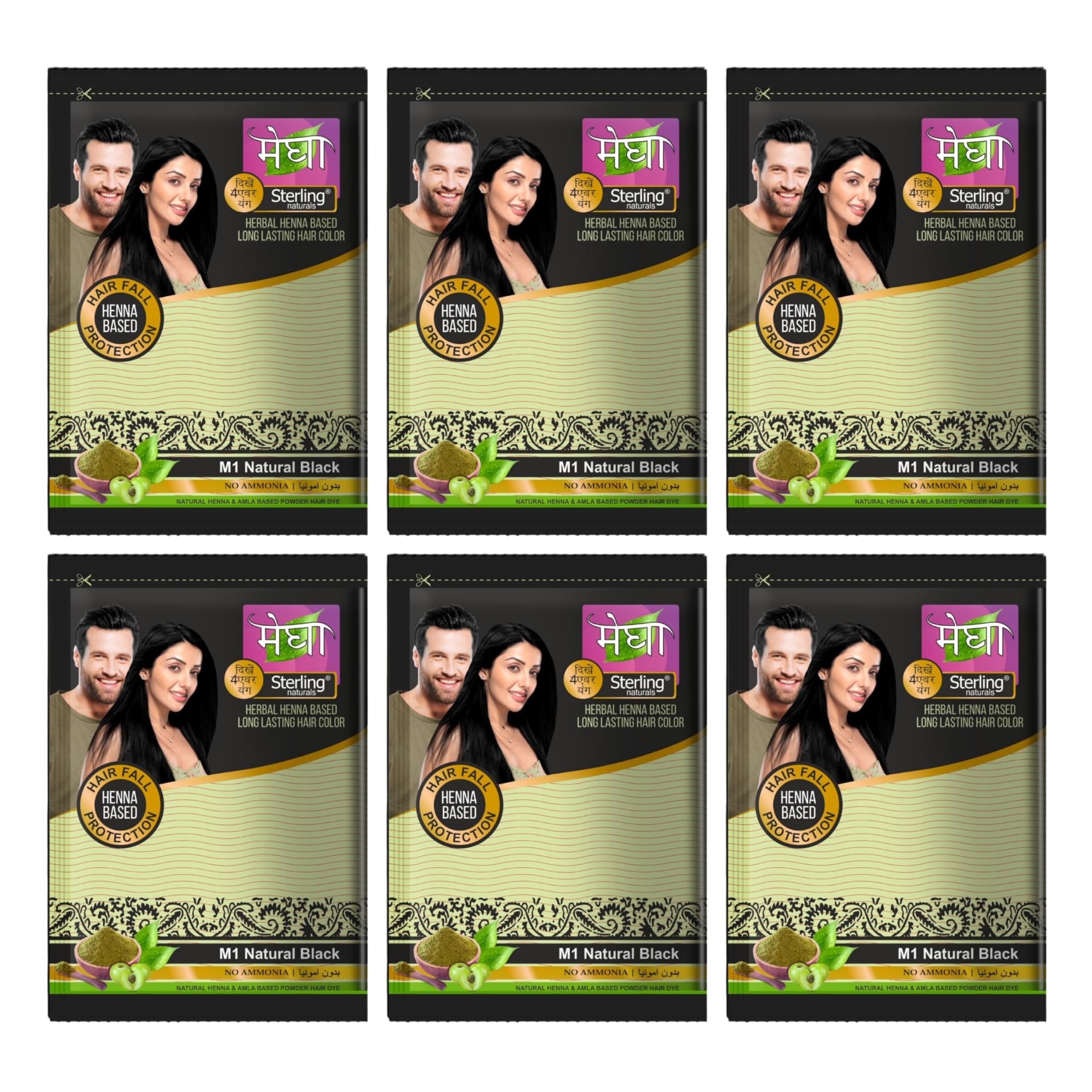 Sterling Naturals Megha Mehandi Hair Colour for Women & Men, Henna Based Mehndi, Organic Hair Dye Without Chemicals and Ammonia, Black, 15 g (Pack of 6)