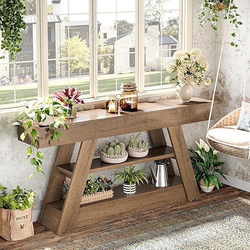 Miniatura 4 de Tribesigns Mesa consola de madera de 63 pulgadas con estantes de almacenamiento, mesa de sofá de entrada larga rústica detrás del sofá para sala de