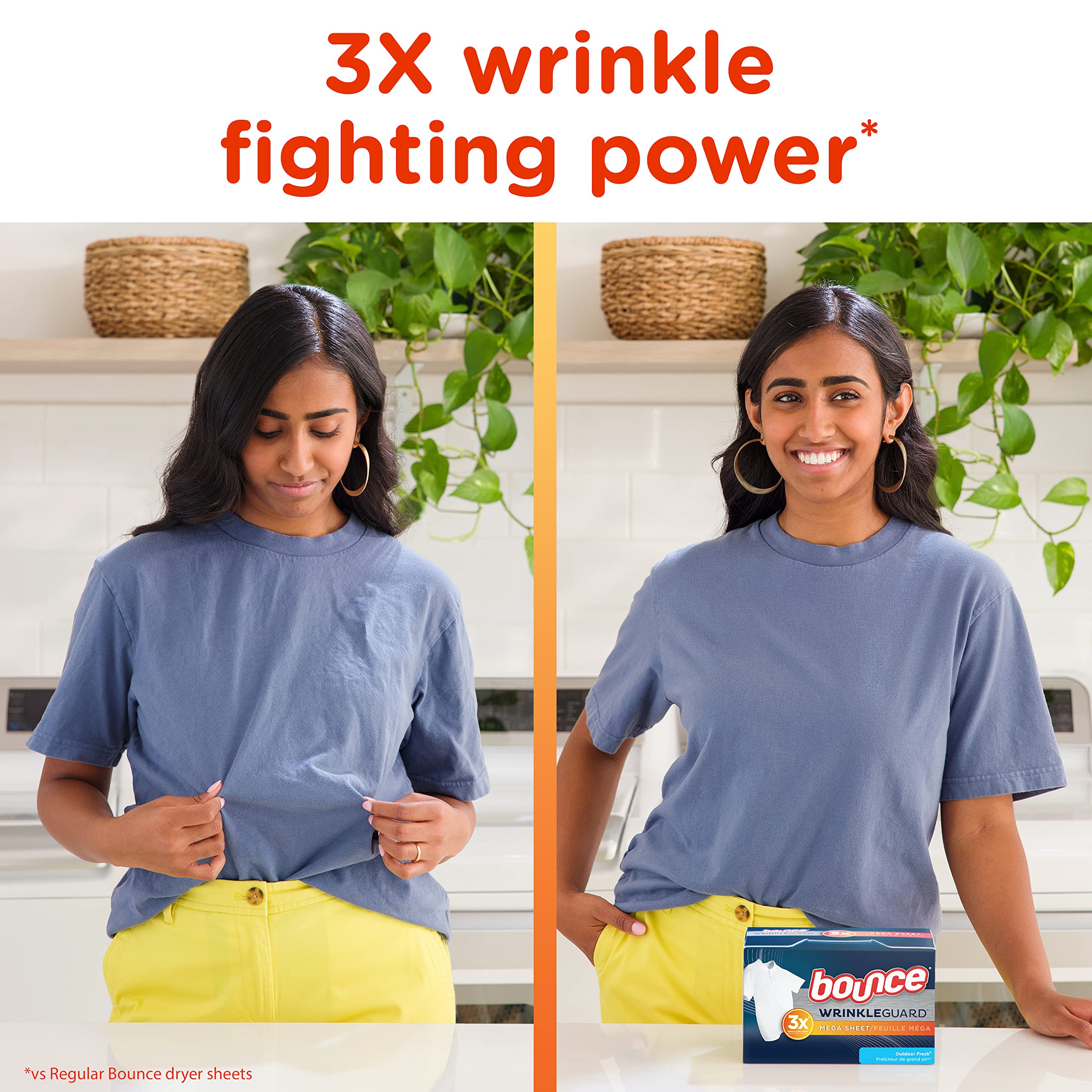 Bounce Wrinkle Guard Mega Secador Sábanas, suavizante de tela y liberador de arrugas, aroma fresco al aire libre, 80 unidades