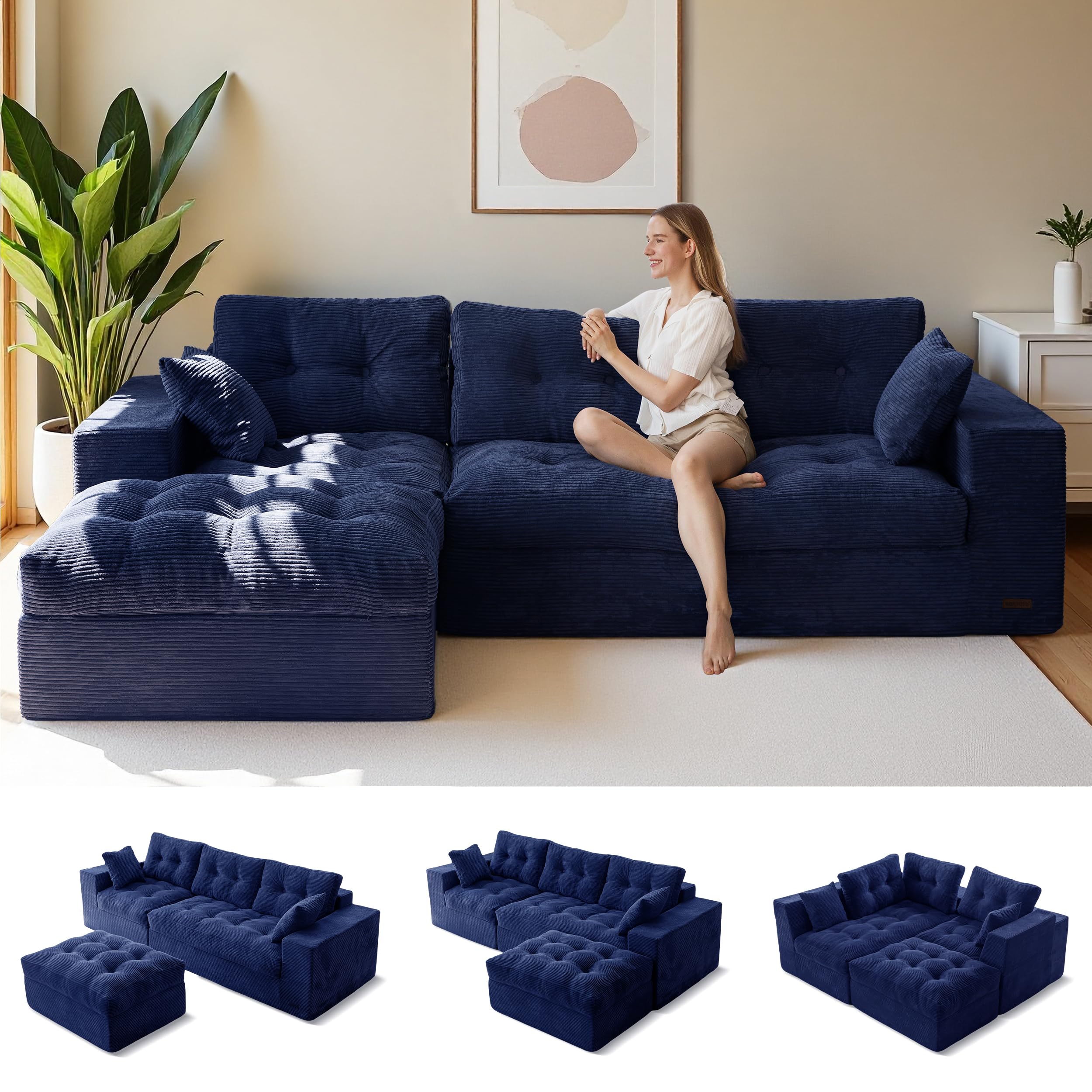 MAXYOYO L Shaped Modular Sectional Sofa with Ottoman,Upholstered Sofa with Layered Cushion, Cloud Boneless Couch in a Box,Flexible Module Combination Sofa for Living Room, No Assembly, Navy