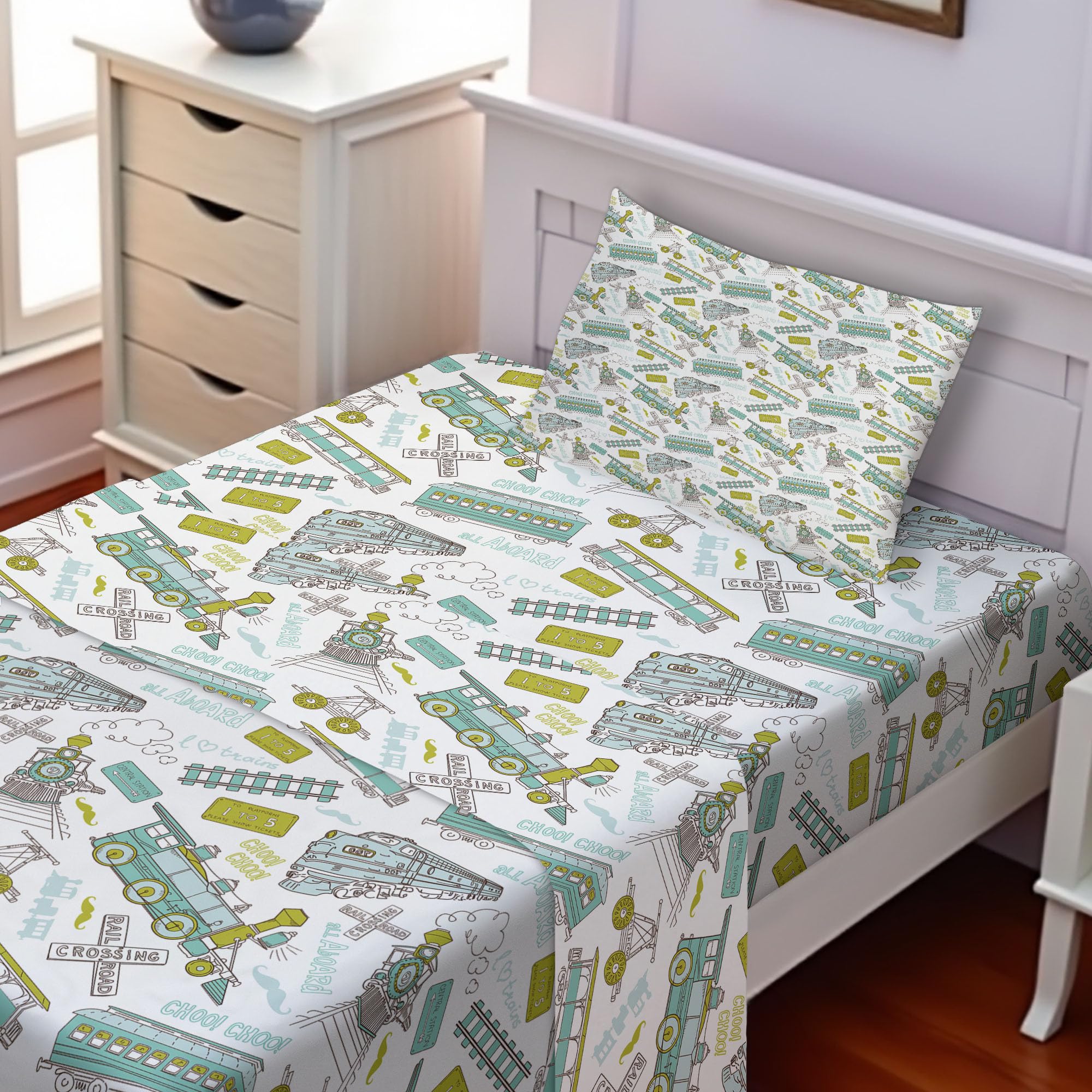Ambesonne Steam Engine Sheet Set, Choo Choo Train Pattern and Number Signs Vintage Travel Theme Print, Fitted and Flat Sheet with Pillowcase Bedding Accent 3 Piece Set, Twin, Apple Green Turquoise