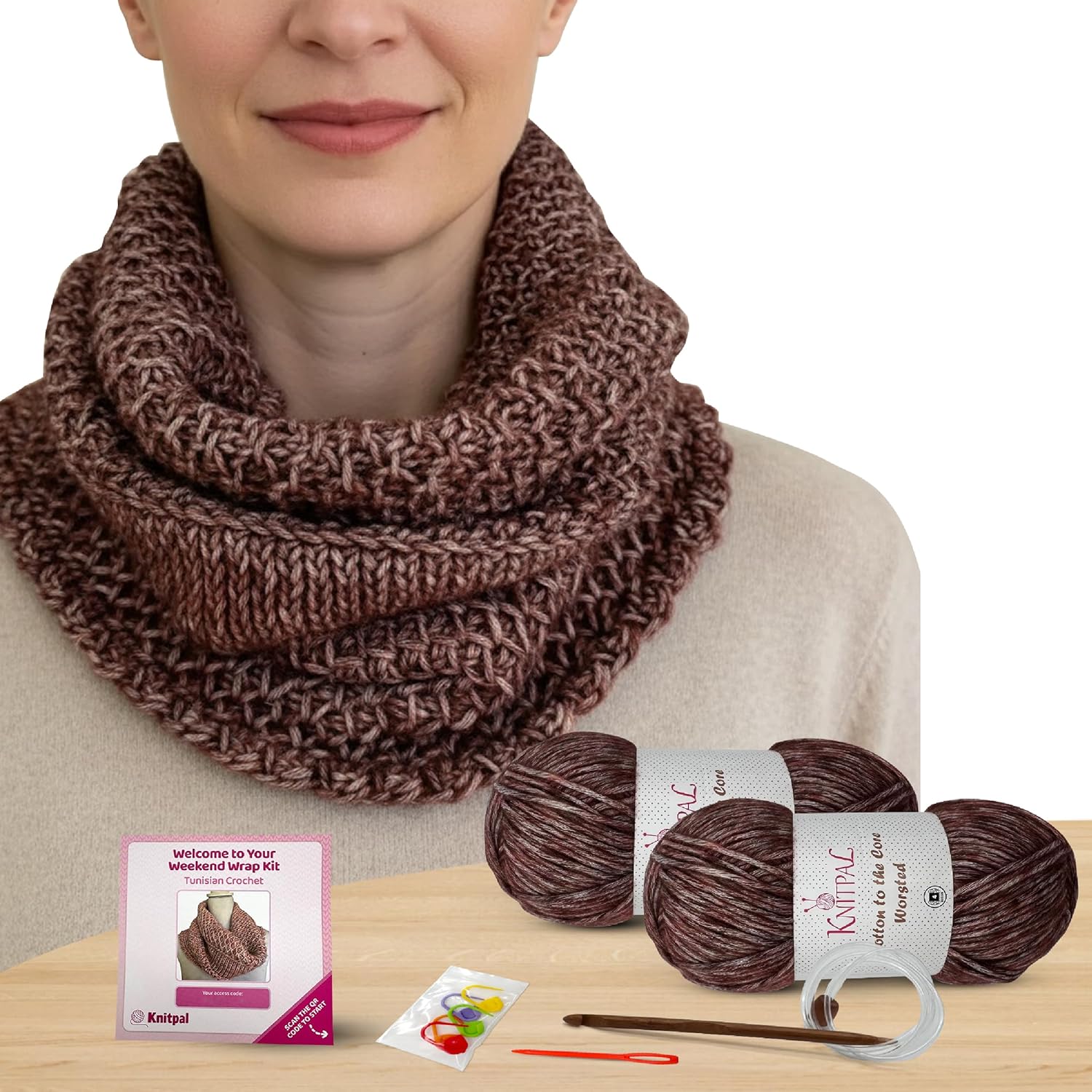 KnitPal Tunisian Crochet Weekend Wrap Kit for Confident Beginners – All-in-One Kit with Cotton Blend Yarn, Tunisian Crochet Hook, Pattern & Video Tutorials (Caramel Brown)