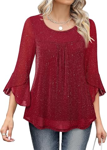 Bebonnie Womens Ruffle 3/4 Sleeve Elegant Dressy Blouses Crew Neck Double Layers Mesh Tunic Tops