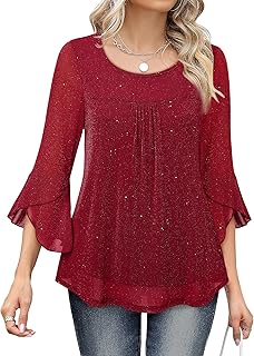 Women's Ruffle 3/4 Sleeve Elegant Dressy Blouses Crew Neck Double Layers...