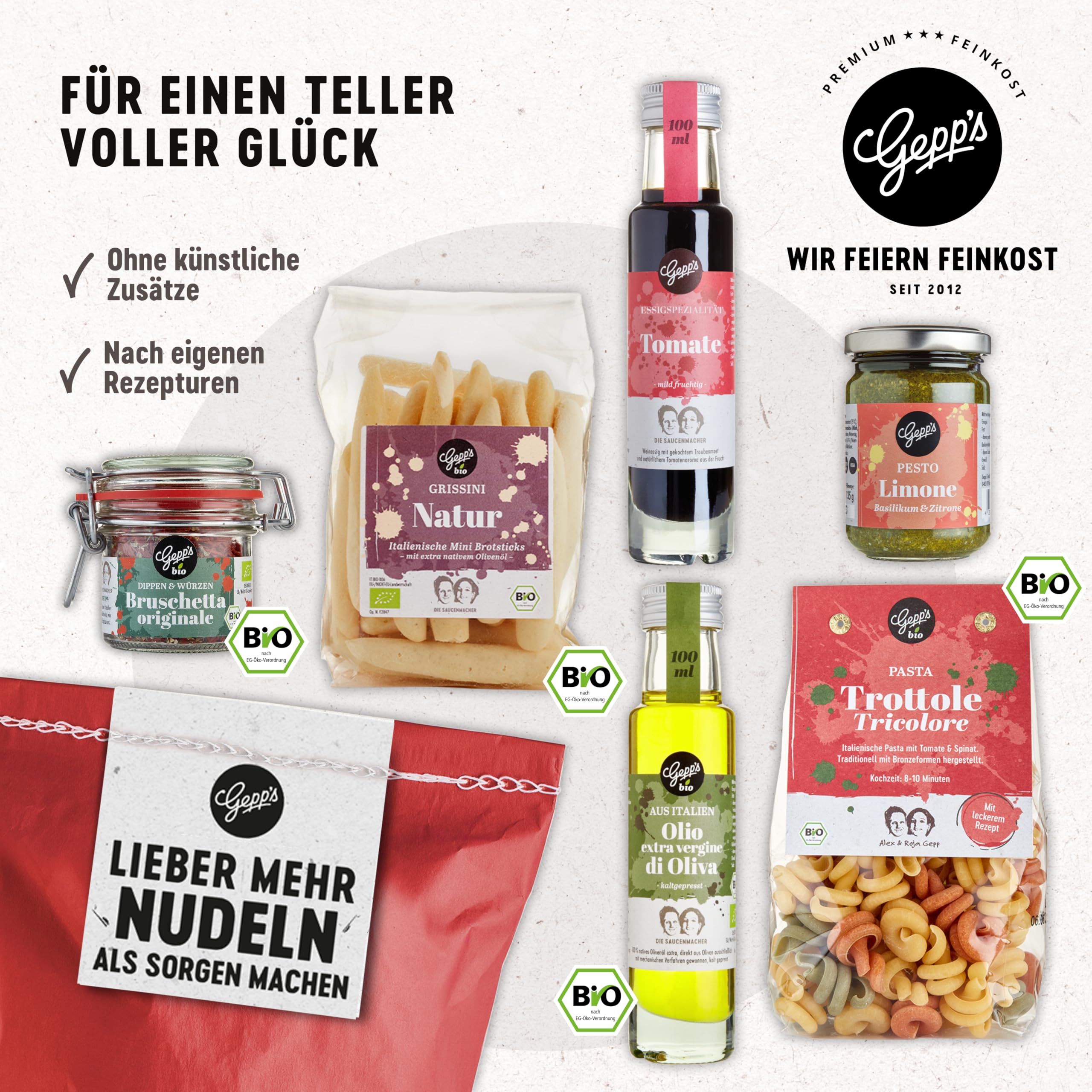Gepp's Feinkost Wundertüte Geschenkidee Muttertag mit Pasta Pesto Limone Bio Bruschetta Dip
