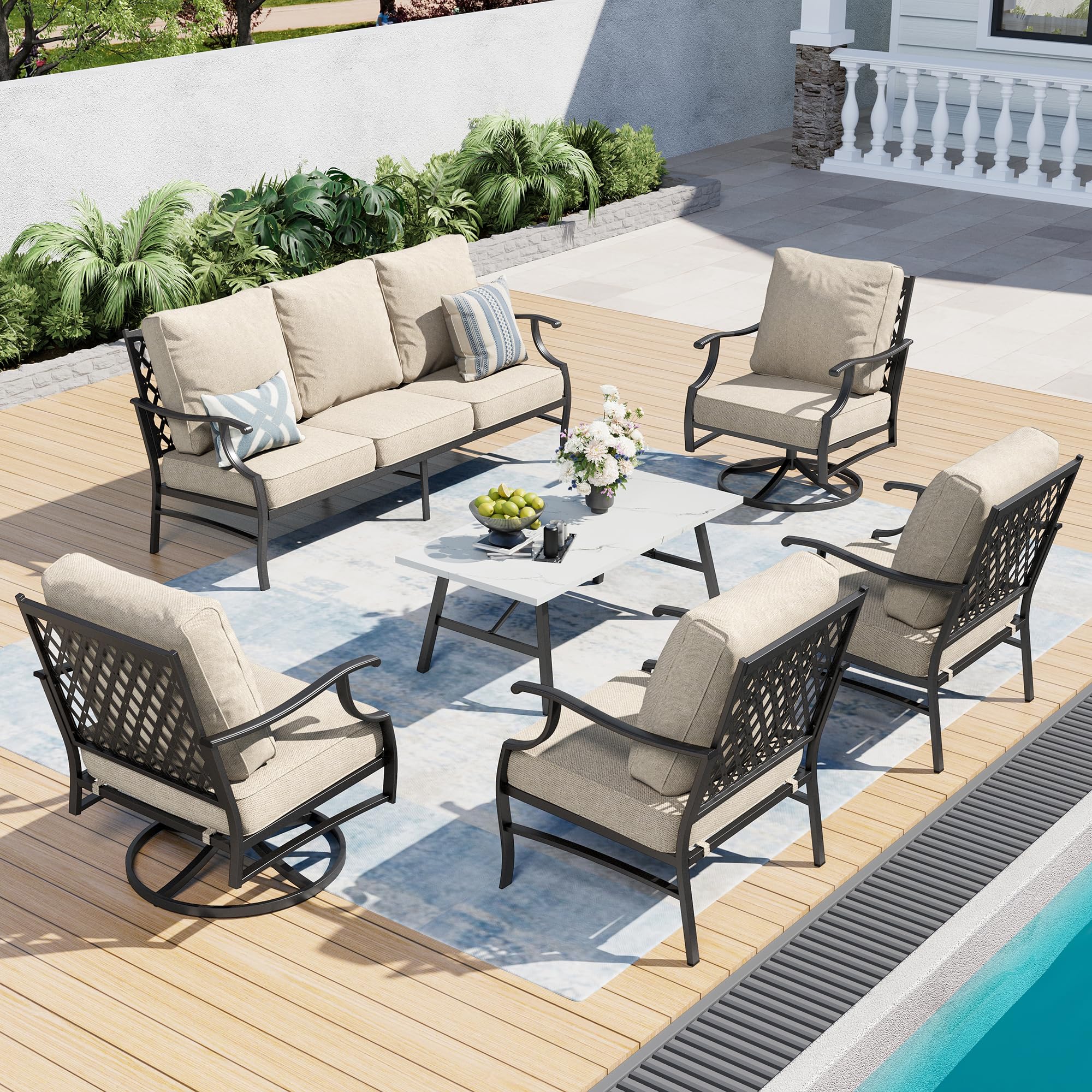 SUNSHINE VALLEY 6 Piece Metal Outdoor Patio Furniture Set, Patio Conversation Sets 1 3-seater Sofa, 2 Swivel Chair, 2 Leg Chair with 5.75" Thick