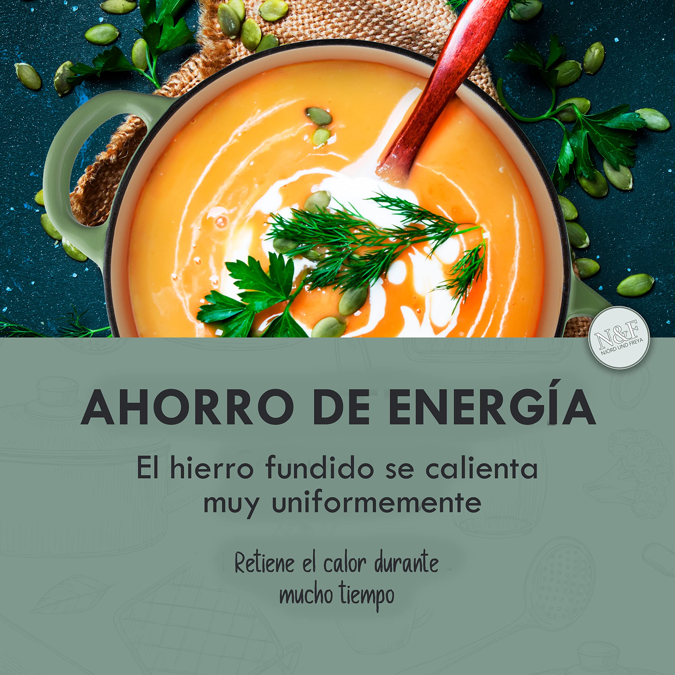 Njörd & Freya - Cazuela de Hierro Fundido, 24 cm de Diámetro, Cacerola con Tapa, Olla de Hierro Fundido, Revestimiento Esmaltado, Apto para Todo Tipo de Cocinas e Inducción