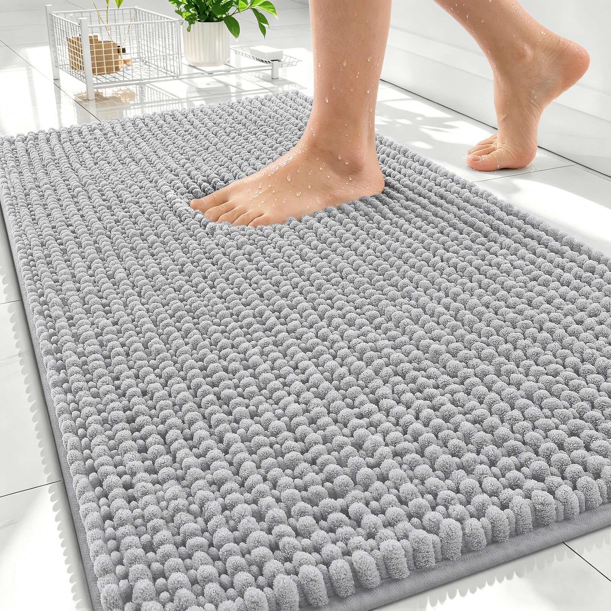 OLANLY Thick Chenille Absorbent Bathroom Rugs Mat 30x20, Light Grey