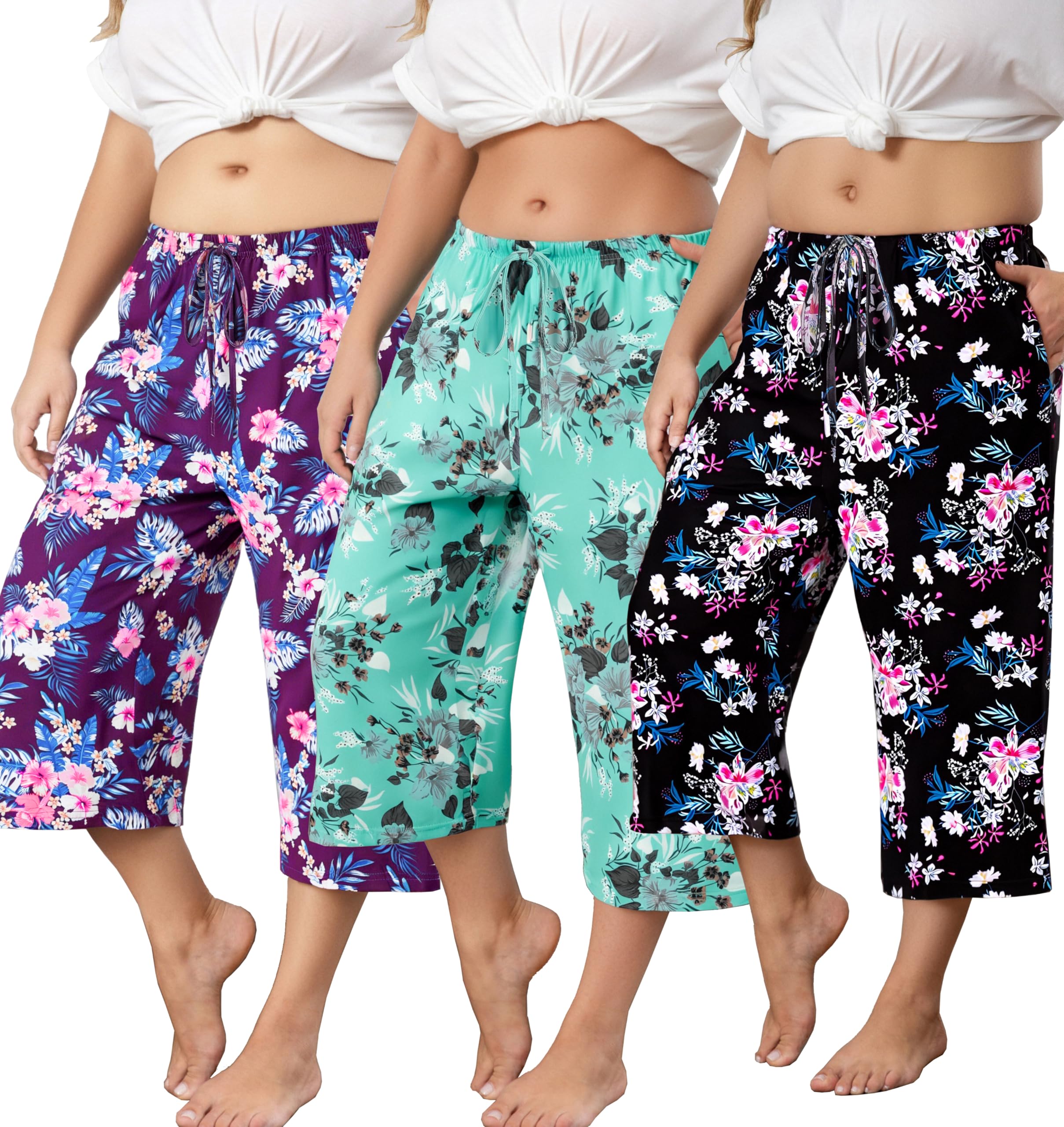 Vozanet 3 Pack Women Plus Size Capri Pajama Pants Sets Drawstring Pj Bottoms Casual Lounge with Pockets XL to 5XL