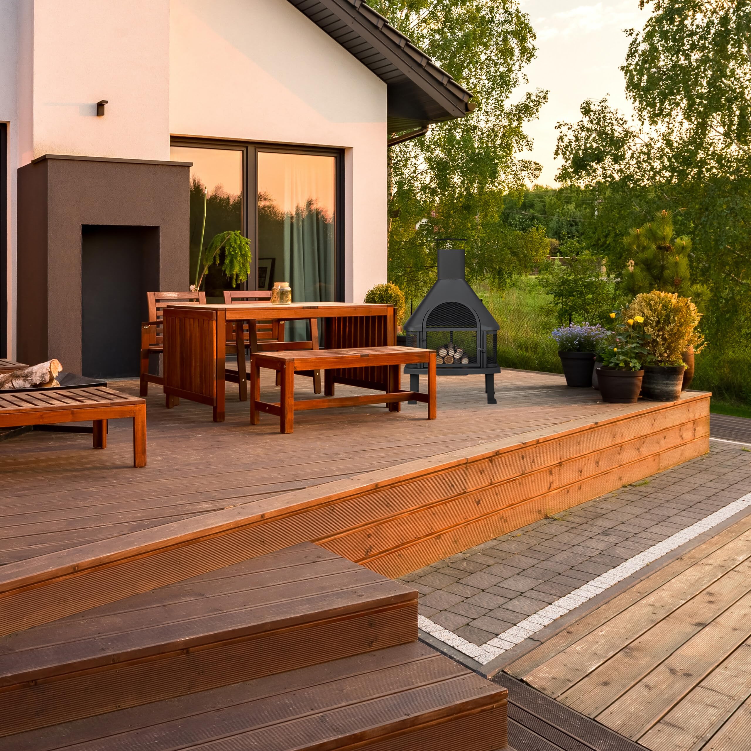 Relaxdays, noir cheminée de terrasse avec grill, Protection contre étincelle, tisonnier, massif, acier, 110 x 63 x 51 cm