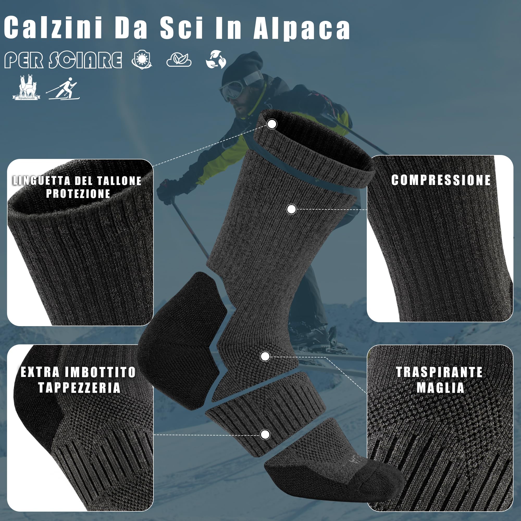 ineepor Calze da Sci 2 Paia Lana di Alpaca Termiche Donna Uomo Calzini Caldi Termici Invernali Calze Calde Pesanti 35-51