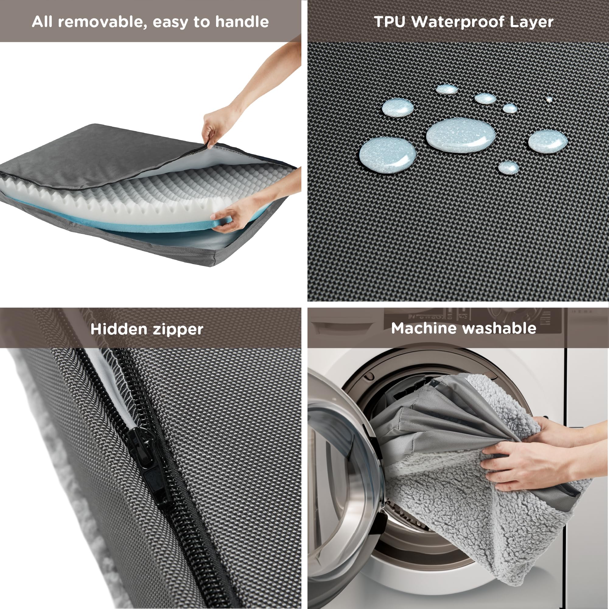 Codi Dog Bed for Large Dogs - Orthopedic Dog Beds with Memory Foam Layer, Reversible Dog Mat with Removable Cover, Waterproof Pet Bed Machine Washable, Grey