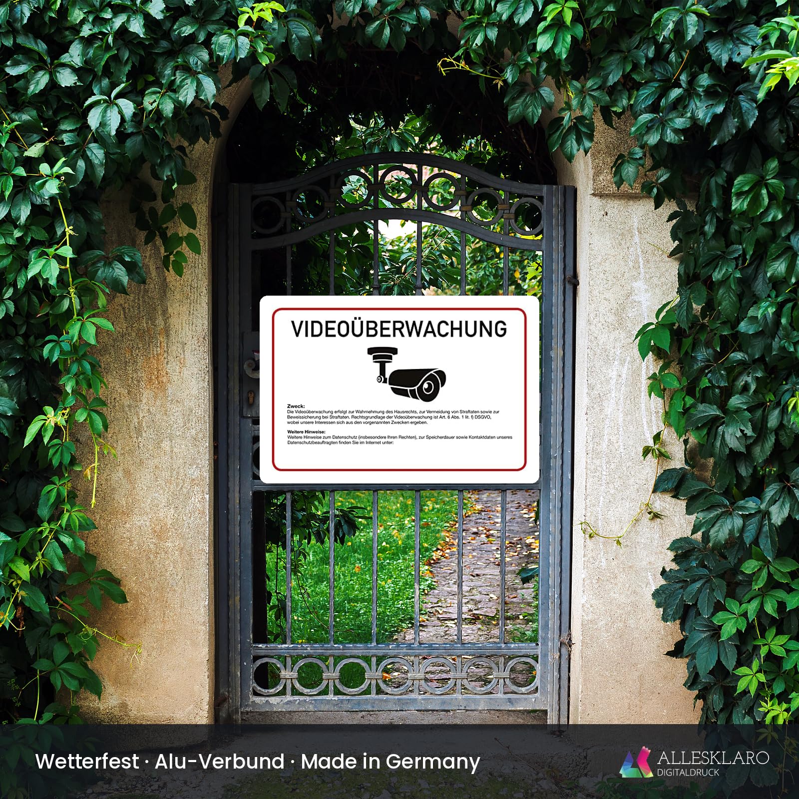 Videoüberwachung - Schild - Text nach DSGVO und Ihr Text- 4 mm Alu Verbundplatte (60 x 40 cm)