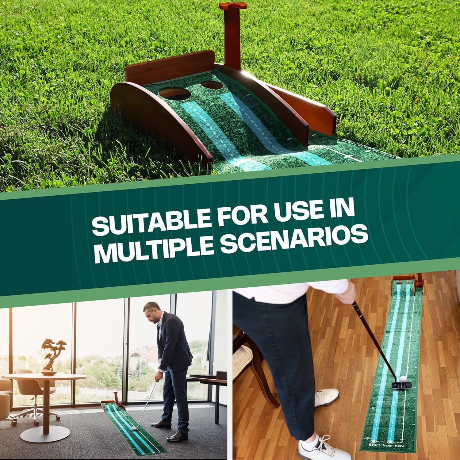 Indoor Putting Green with Motorized Ball Return, Wood Base, and Wrinkle-Free Velvet - Ideal for Golf Enthusiasts and Home or Office Use.