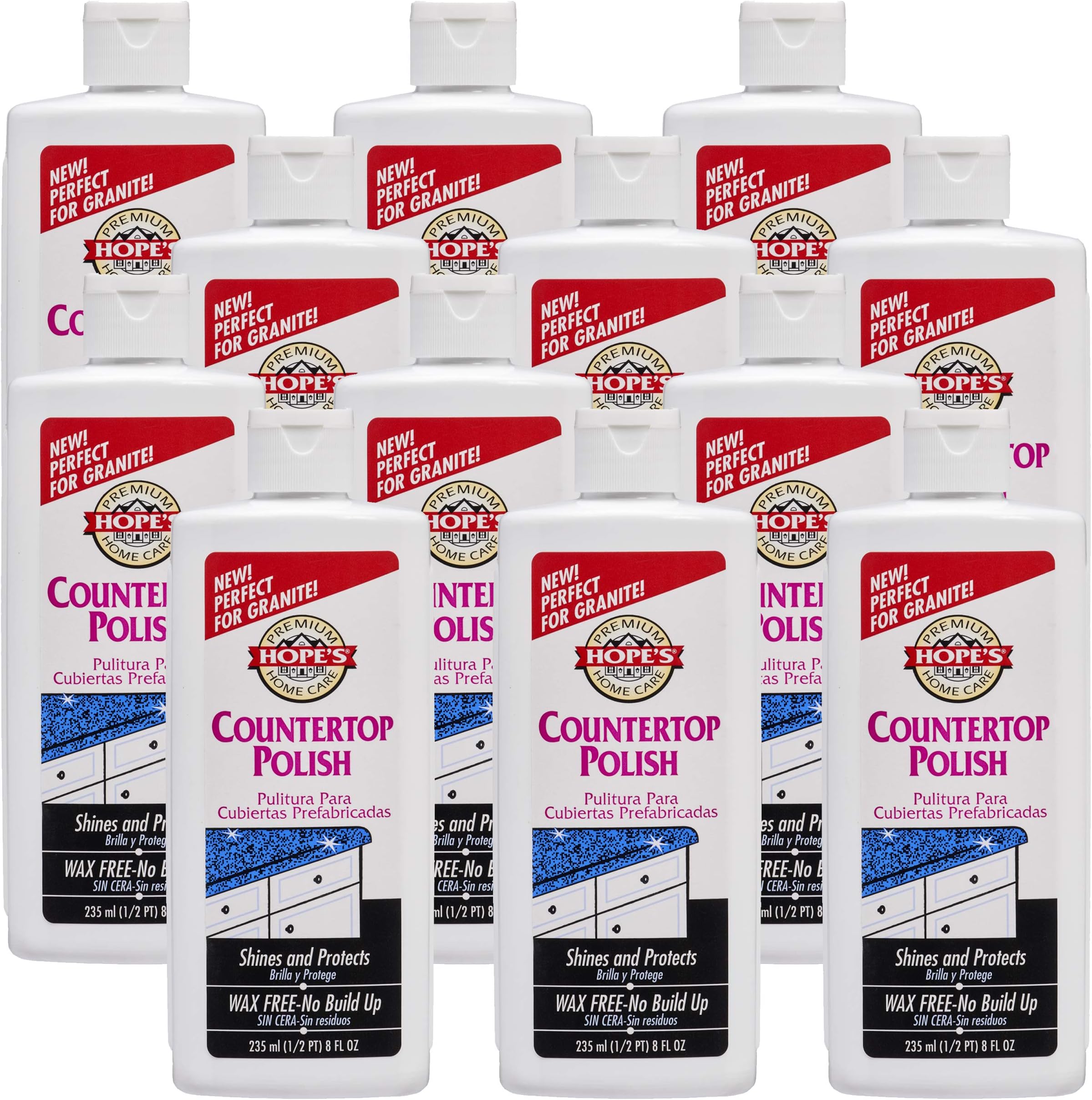 HOPE'S Countertop Restoration Polish, Streak-Free Kitchen Counter Cleaner, No Buildup on Countertops, Quartz, Marble, Corian, Composite, and Granite Polish, 8 Fl Oz, Pack of 12