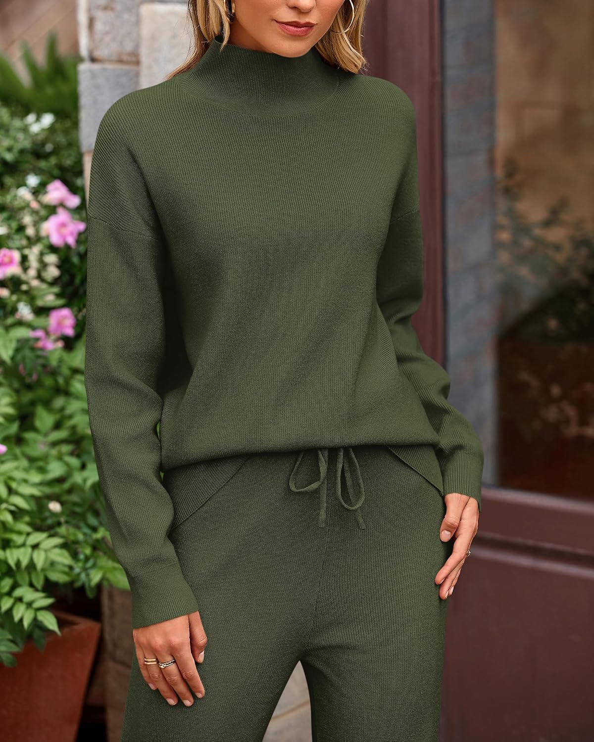 dowerme Women Spring 2 Piece Outfits 2026 Winter High Neck Sweater Sets Drawstring Wide Leg Pant Chunky Knit Lounge Set - Image 4