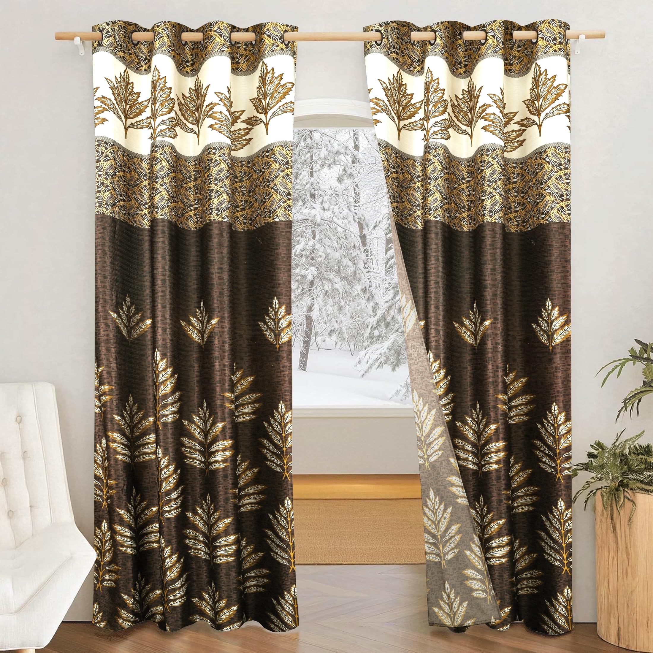 Amazon Brand - Solimo Polyester 75% Blackout Leaf Print Long Door Curtains|Blackout Door Curtains|9 Feet |Set of 2|Leaf Print Design |for Living Room Kids Room and Bedroom |Brown|Light-Filtering