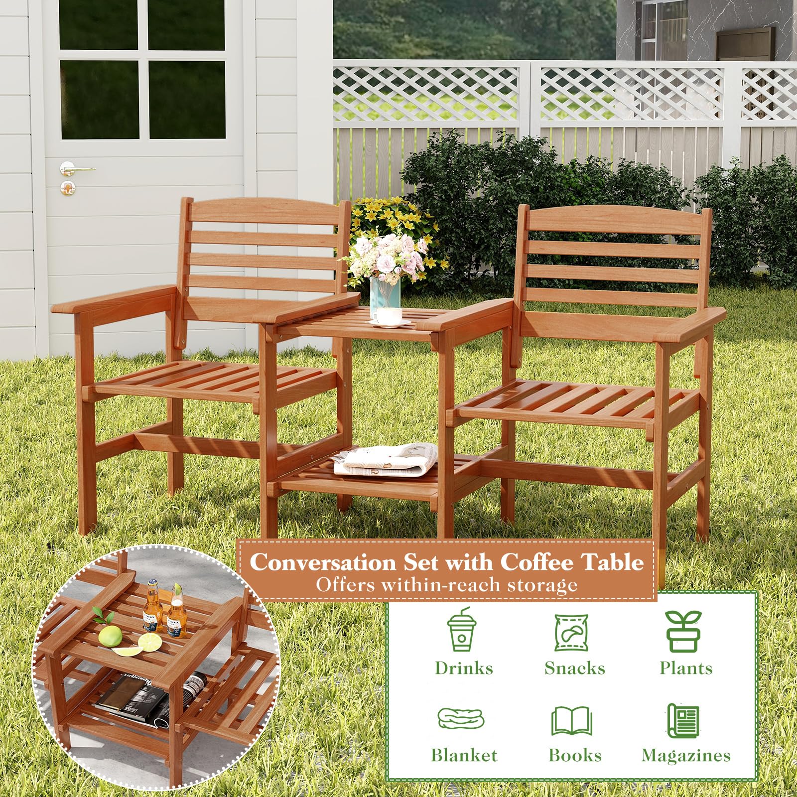 KOMFOTTEU 2-Sitzer Gartenbank Massivholz, Sitzbank mit Beistelltisch & Schirmloch, Terrassenbank Gartenmöbel Set für Balkon Garten
