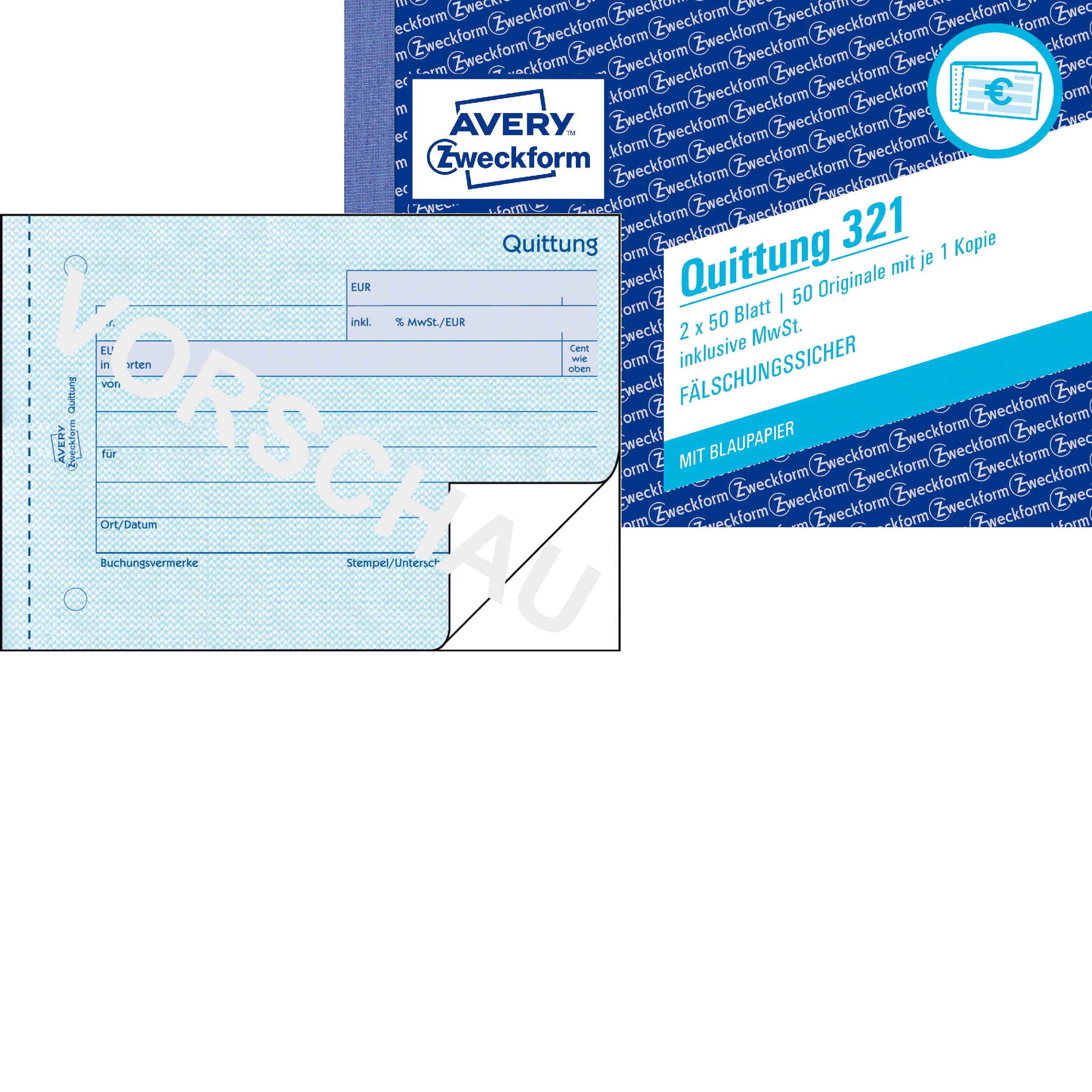 Avery Zweckform 321 Receipt Inclusive of VAT, DIN A6, fälschungssicher, 2 x 50 Sheets, White