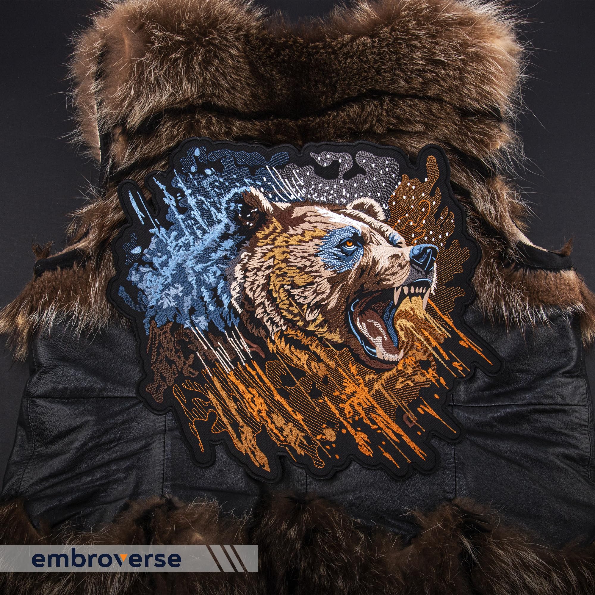 EMBROVERSE Parche de cabeza de oso feroz, bordado para planchar con diseño de bestia enojada salvaje, emblema de poder de espíritu motero, 13.3 x 11.8 pulgadas