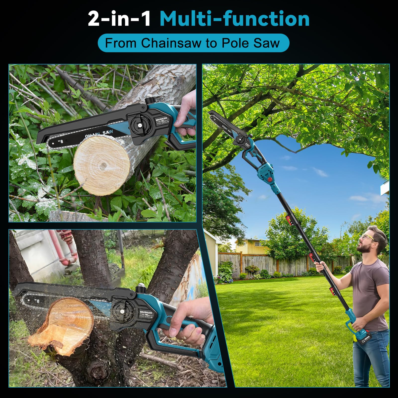 Motosierra de 8 pulgadas con barra de extensión de 8,5 pies, 2 pilas, motor sin escobillas, aceite de cadena automático, motosierra eléctrica para madera de jardín, tijeras de árbol, corte de madera