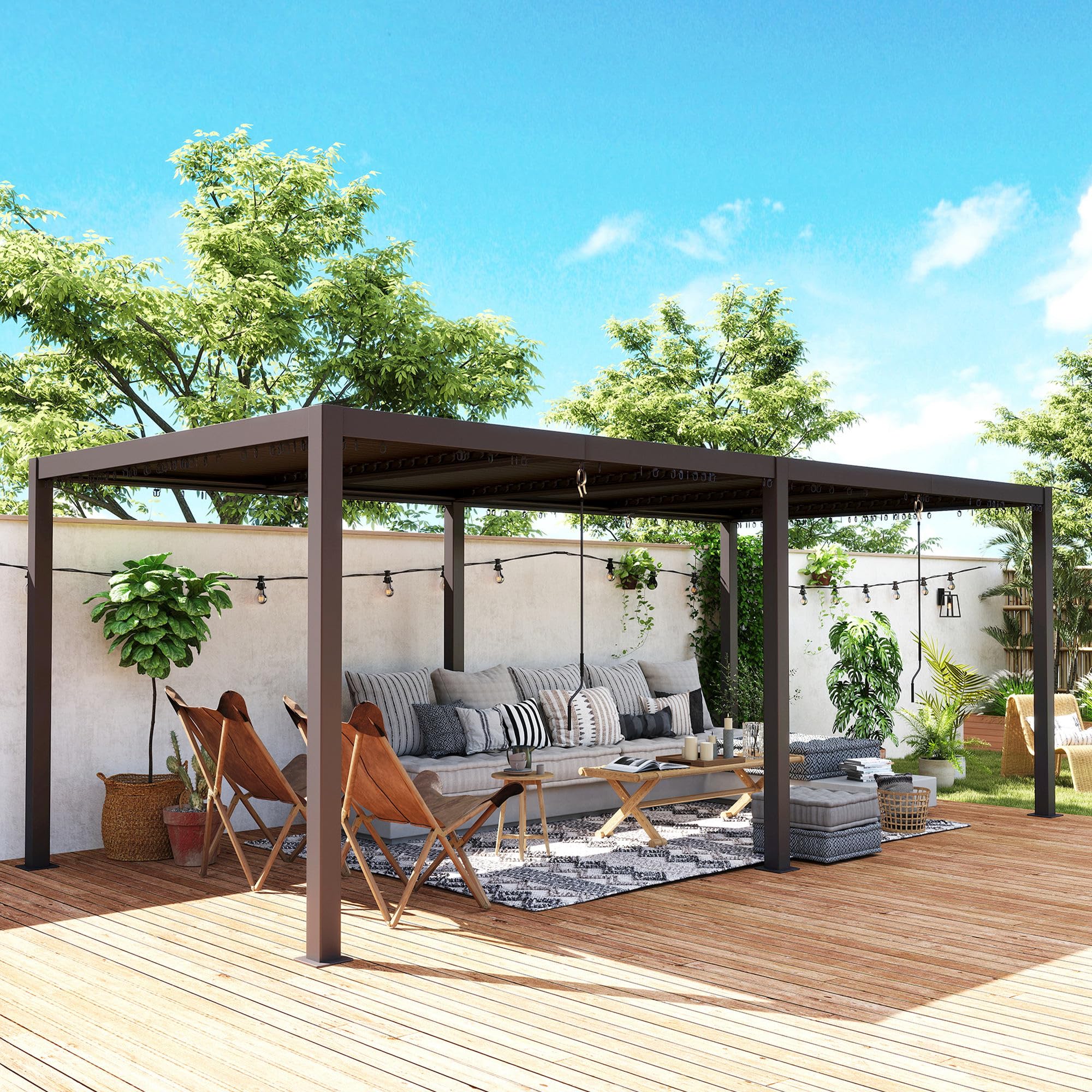 Outsunny Pergola bioclimatique 3 x 6 m, pergola Jardin extérieur avec persiennes manivelle Toit réglable en Aluminium et Crochets, tonnelle de Jardin, terrasse, Patio, Gris foncé