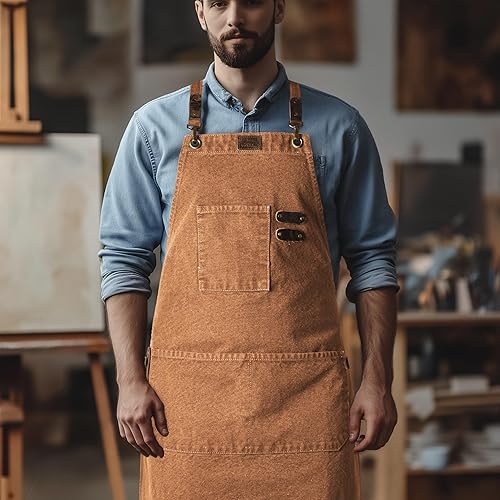 Miniatura 8 de LEATHER VILLAGE Delantales de chef para hombres y mujeres con bolsillos grandes, delantal de trabajo ajustable de lona de algodón con espalda