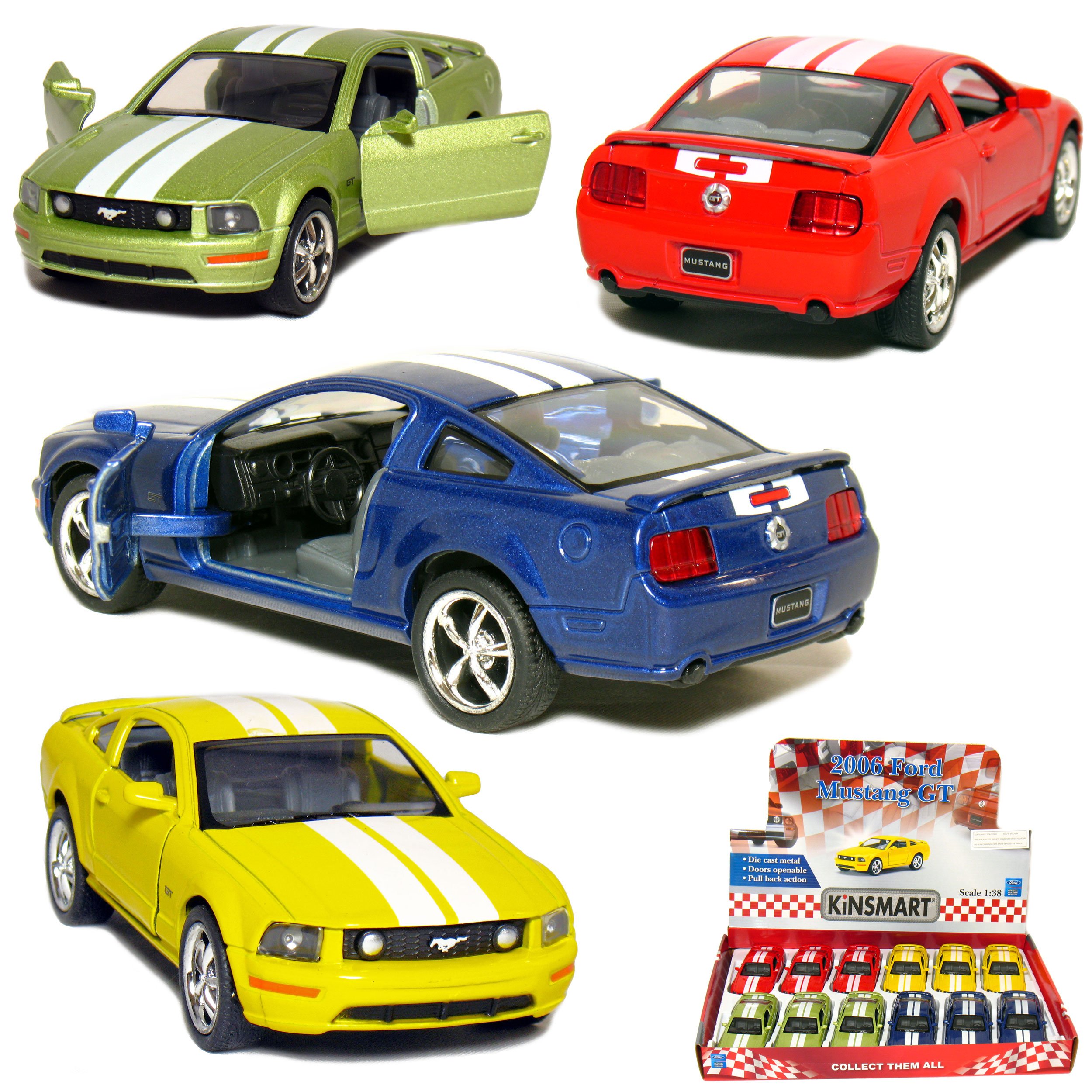 12 pcs in Box: 5" 2006 Ford Mustang GT with Stripes 1:38 Scale (Blue/Green/Red/Yellow)