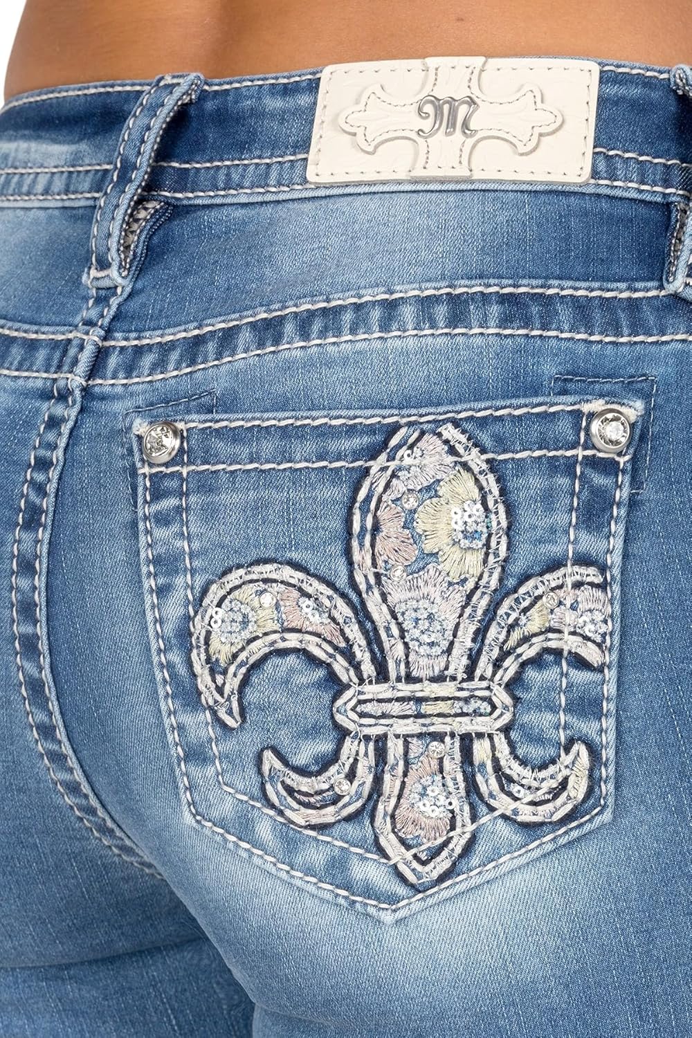 Miss Me Women's Mid-Rise Bootcut Jeans, Floral Pastel Fleur de Lis, Stretch Denim