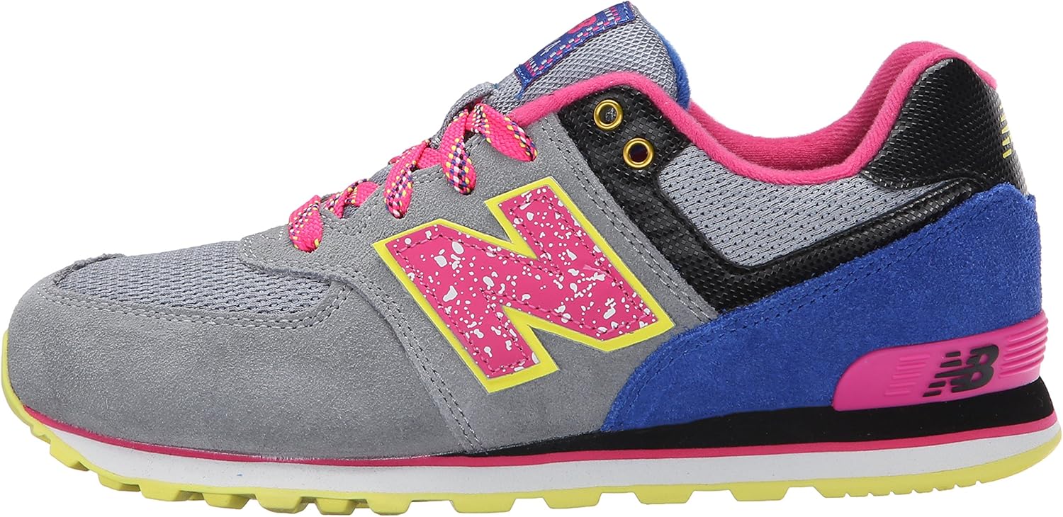 New Balance Unisex-Child 574 V1 Lace Up Sneaker Big Kid (8-12 Years) 4 Big Kid Grey/Pink/Yellow