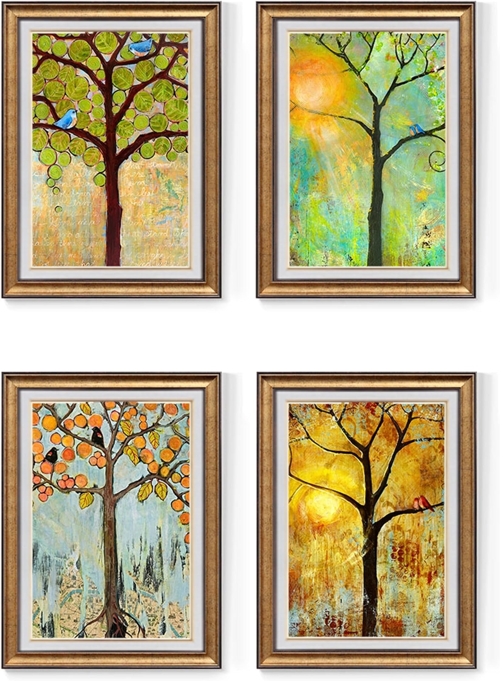 Trees (4pcs set) Wall Art, Large Wall Picture Frame, Vintage Style, Wall Mural, Framed Canvas, Large Poster (Gold B)