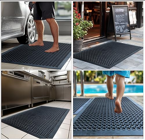 Miniatura 4 de Tapete de goma antifatiga  Paquete de 2 tapetes antideslizantes para interiores y exteriores  Tapete de drenaje de grado comercial resistente