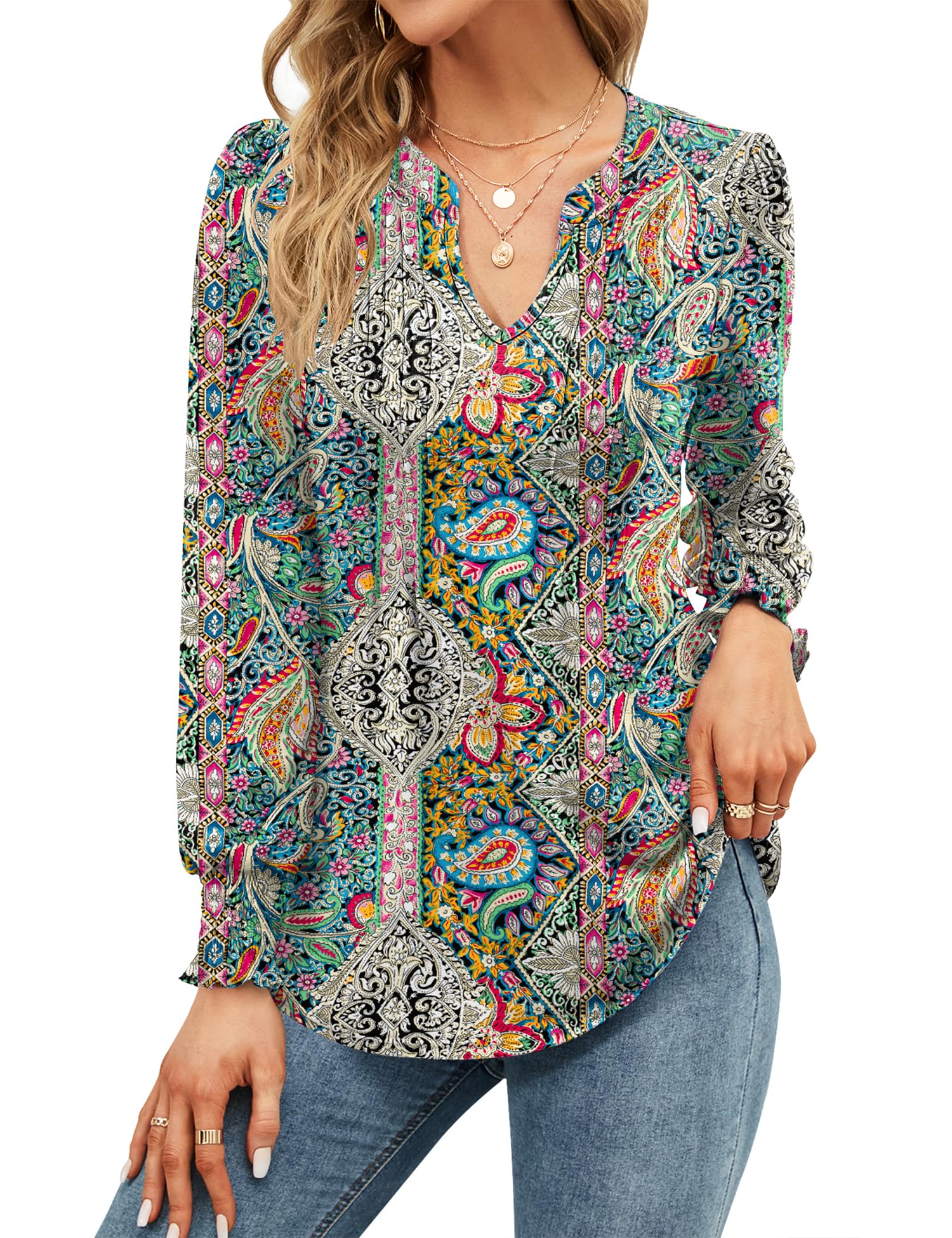 Womens V Neck Tops Puff Short Sleeve T-Shirt Pleated Floral Printed Tunic Blouse Shirts — view 24