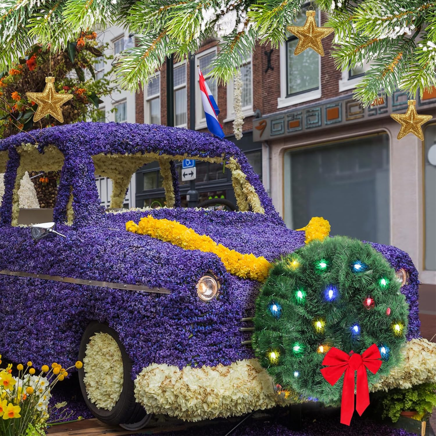 Christmas Car Decoration Car Christmas Wreath 164 ft Large DIY LED Lights Artificial Wreath 2026 for Front Grill Lighted with Red Bow Truck Decoration, No Batteries Included