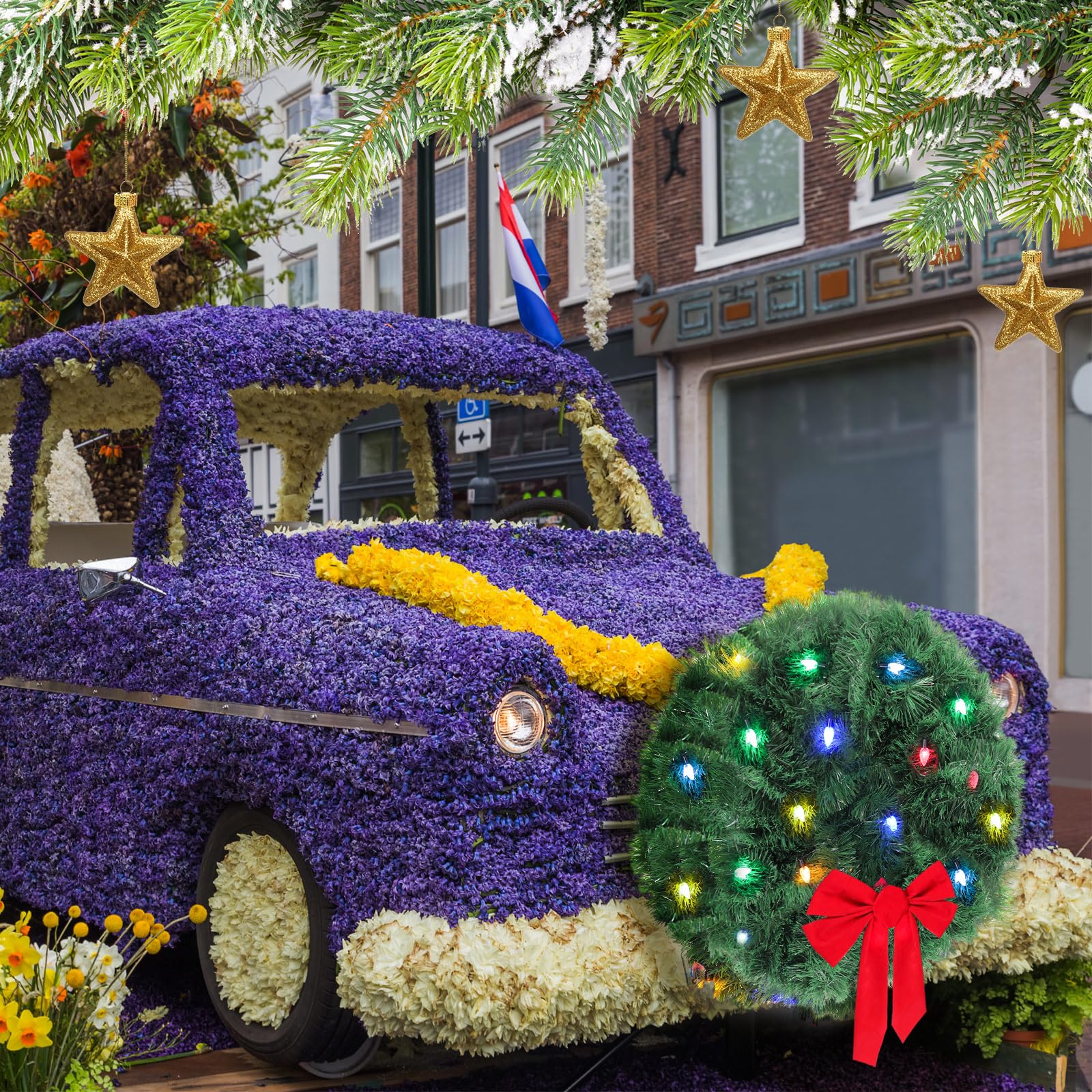 Grande couronne de Noël à LED pour voiture - Couronne de Noël artificielle pour grille avant de voiture - Couronne de Noël lumineuse avec nœud rouge - Décorations de Noël pour camion compatible