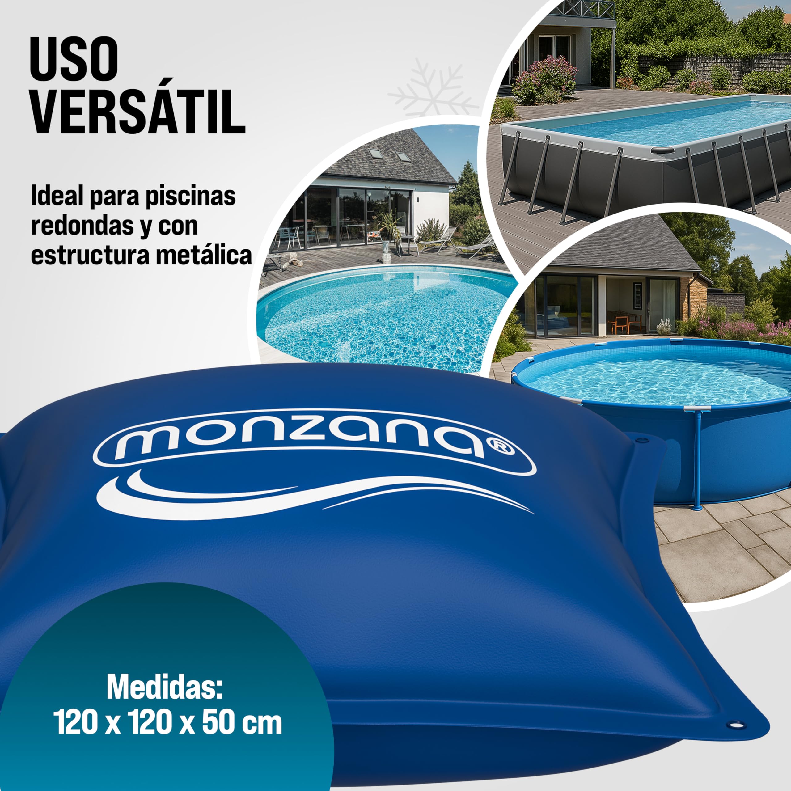 MONZANA® Cojín Piscina Invierno XL 120x120cm Cojín Aire PVC Accesorio Protector Resistente Cloro Válvula Seguridad Kit Reparación Set a Elegir | Estable, Duradero, Resistente al hielo, Cloro, rayos UV, Incluye Accesorios, 2 Kits de reparación, Válvula dob