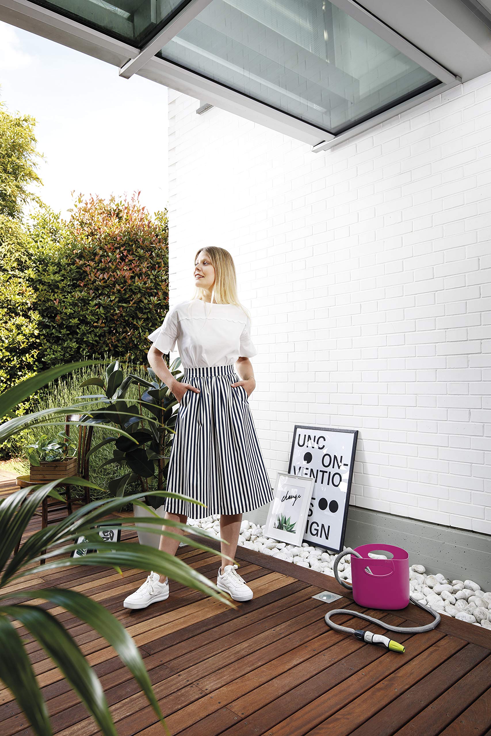 GF Garden, Aquapop 15, Tubo Estensibile da Giardino 15 Metri, in Kit pronto all’uso, con pratica Borsa di Plastica Contenitore, Fucsia, per l’Irrigazione di Giardini, Balconi, Terrazzi e Verande