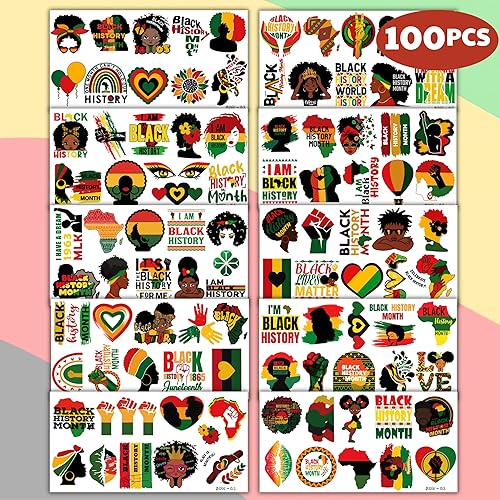 Miniatura 3 de Tatuajes temporales afroamericanos – 100 calcomanías negras del mes de la historia para niños | Decoraciones de cumpleaños de junio de 2018 |