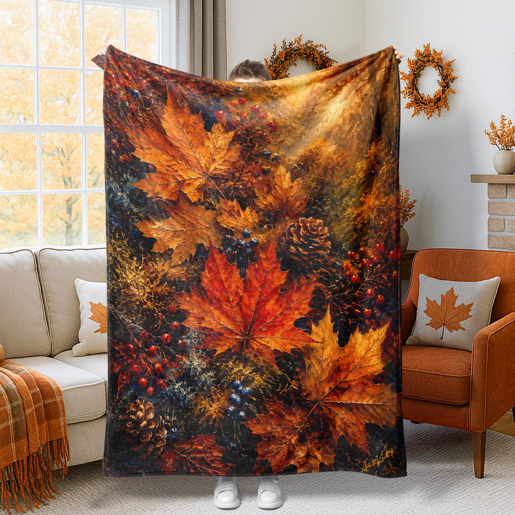 Couverture flanelle lit canapé dortoir motif feuilles érable 127x152