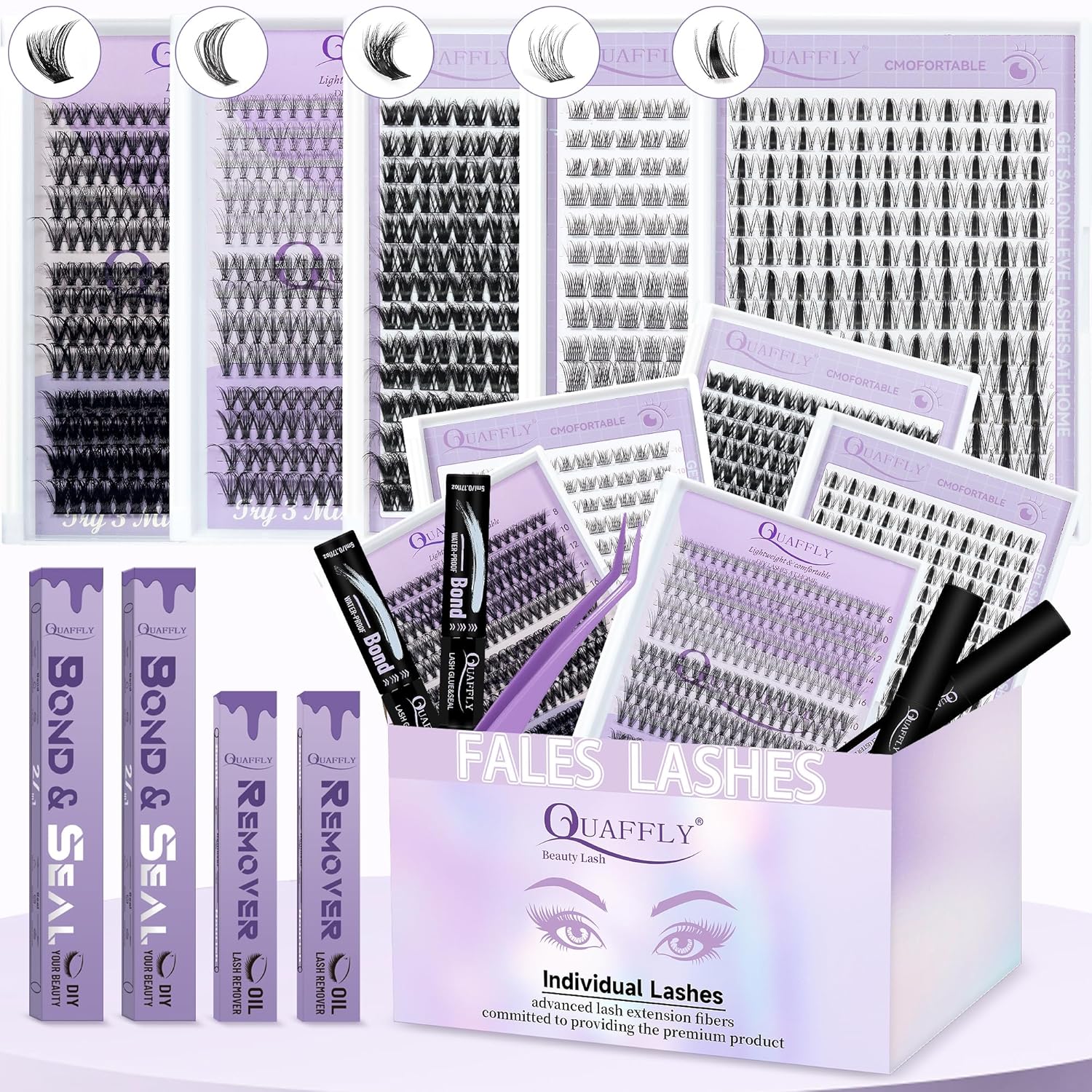 Lash Clusters Kit Multiple Styles Mixed Length Eyelash Set Includes 2 Lash Bond and Seal & 2 Lash Remover 1 Tweezers For DIY Lash Extensions Kit At Home
