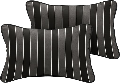 Mozaic Company Sunbrella Indoor/ Outdoor 18" x 12" Corded Lumbar Pillows, Peyton Granite and Canvas Black, Set of 2
