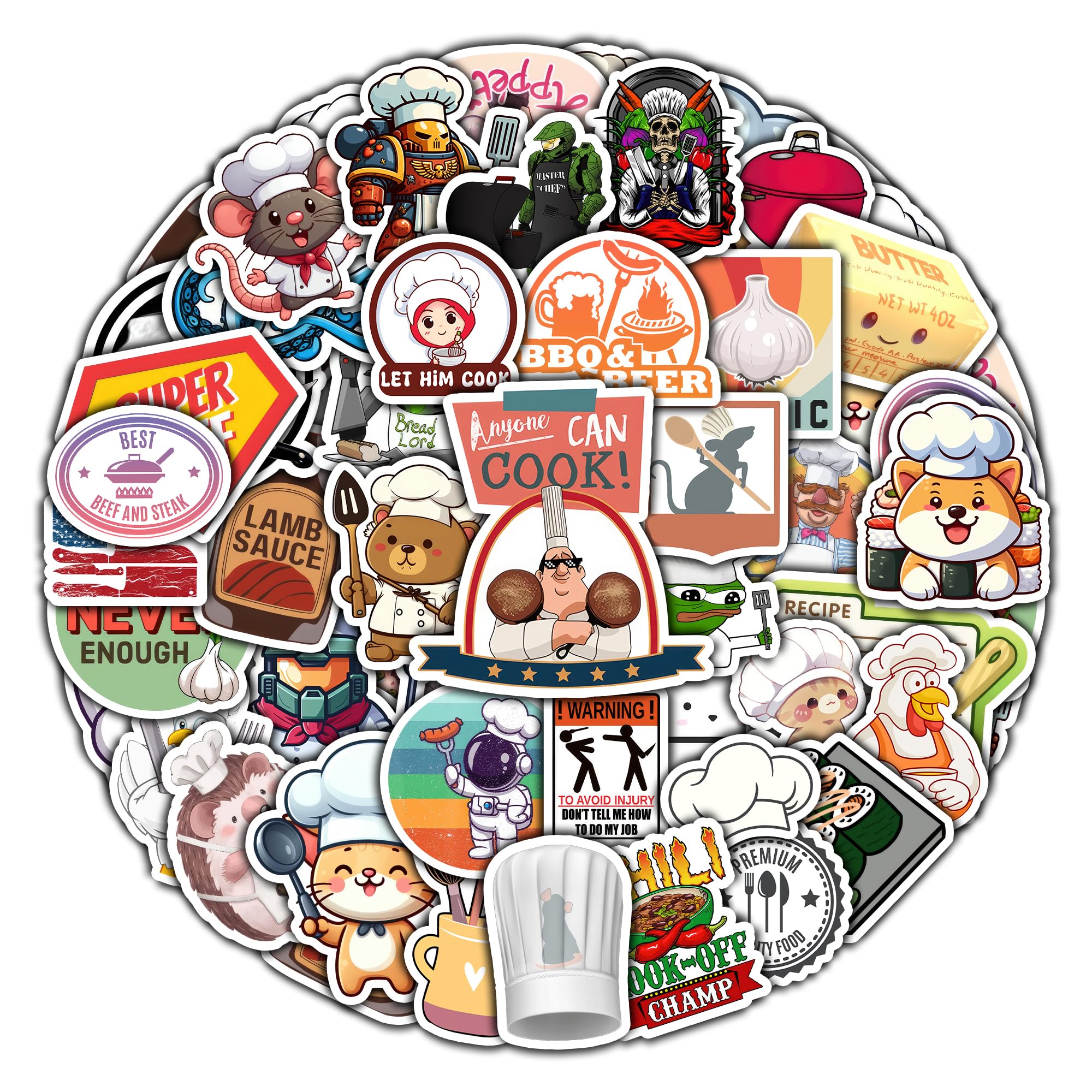 BIGZORO 50 PCS Chefs Sticker Pack Decoration Hat Helmet Refrigerator Laptop Kitchen Water Bottle Car Vinyl Decals Waterproof For Adults Men Women
