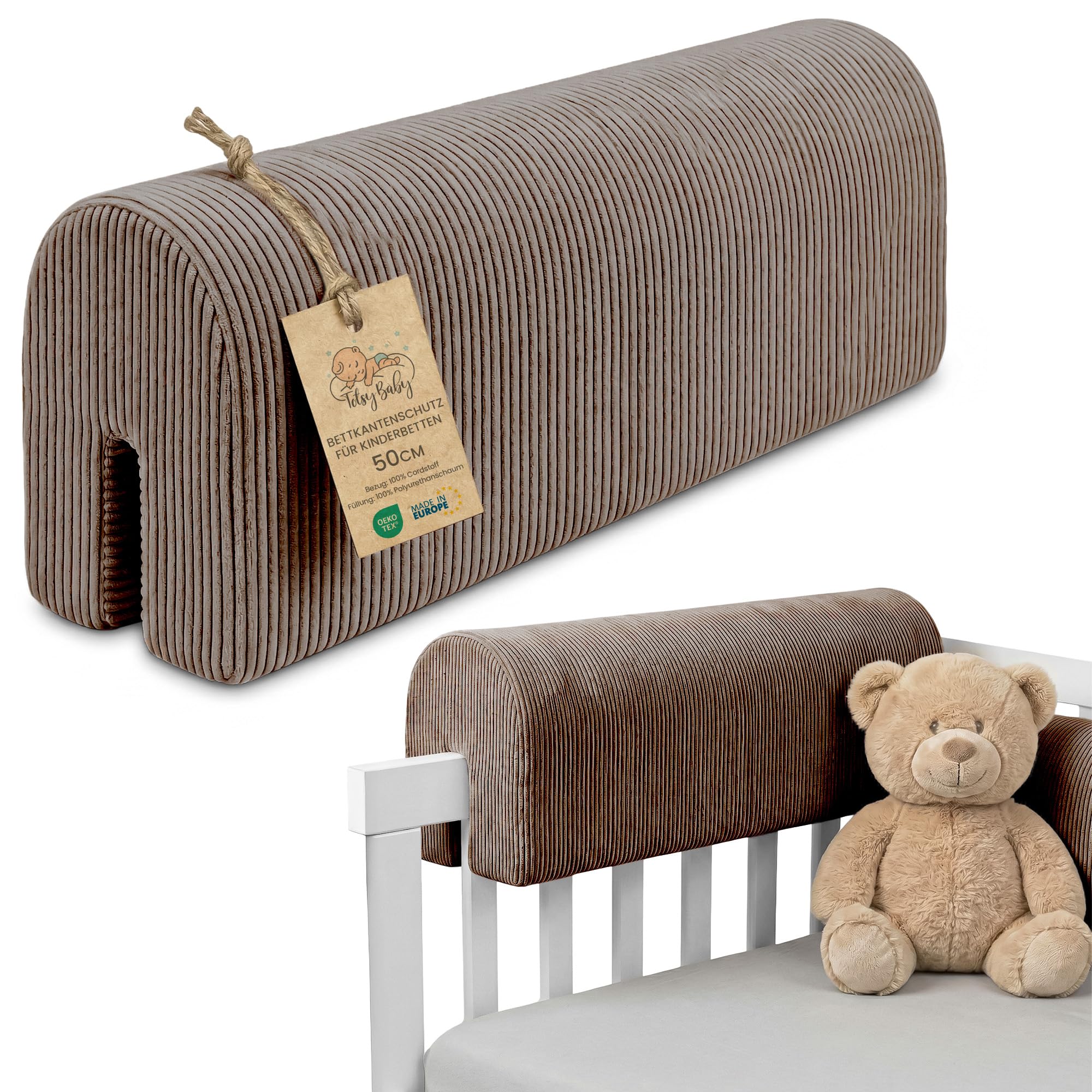 Bed Edge Protector for Cots 50 cm, Protection for Bed Frame, Baby Bed, Fall Protection for Box Spring Bed, Bed Rail with Minky Cover, Edge Protection, Children's Baby Cot, Brown — image 1