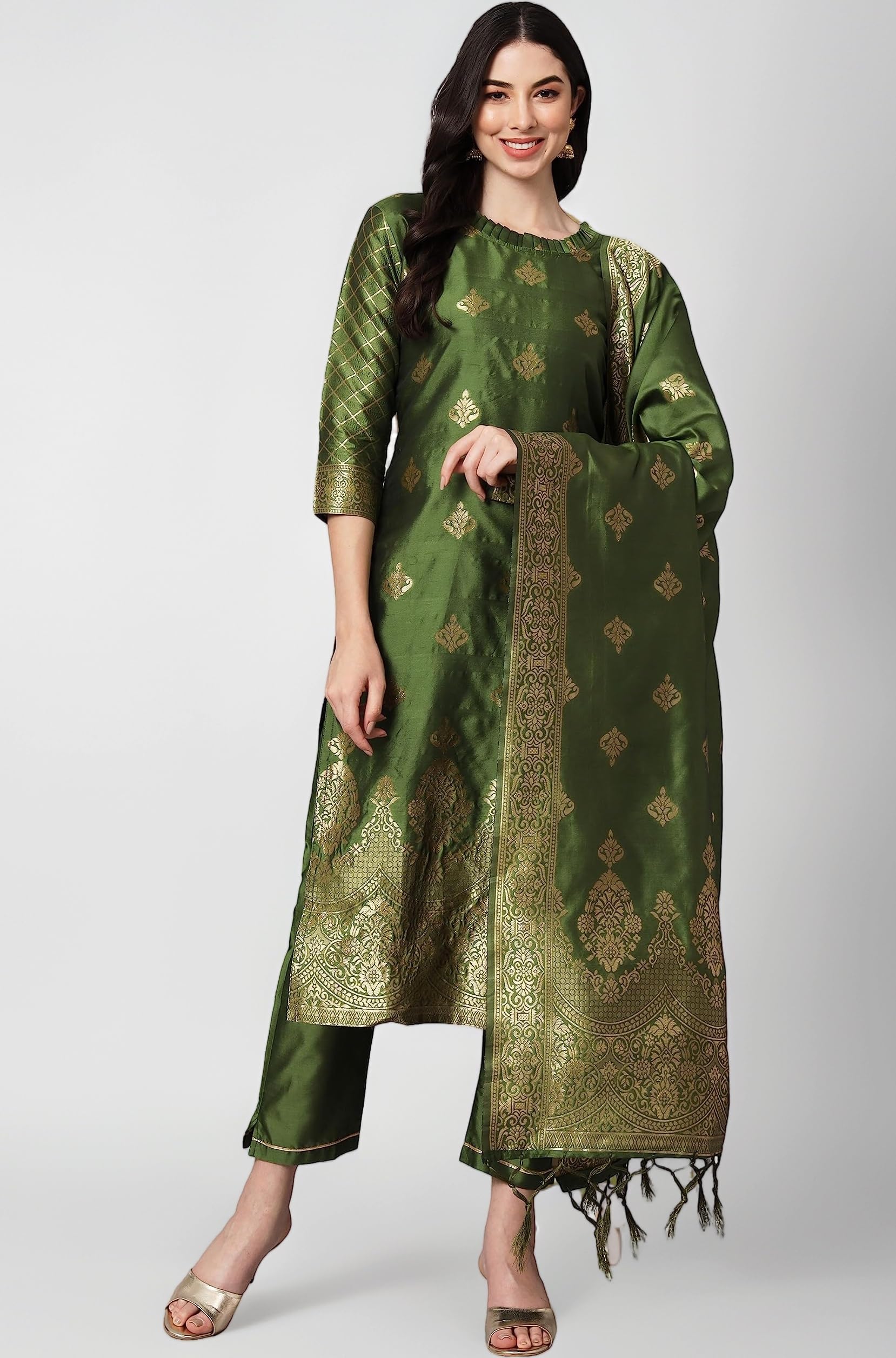 Women's Cotton Silk Jacquard Kurta Pant with Dupatta Set