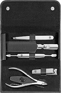 Classic Inox 5pc manicure set. Black. High Grade Rust resistant Polished Stainless Steel. Includes Nail clippers, nail file, nail cleaning tool, tweezers & cuticle nippers. Made in Germany.