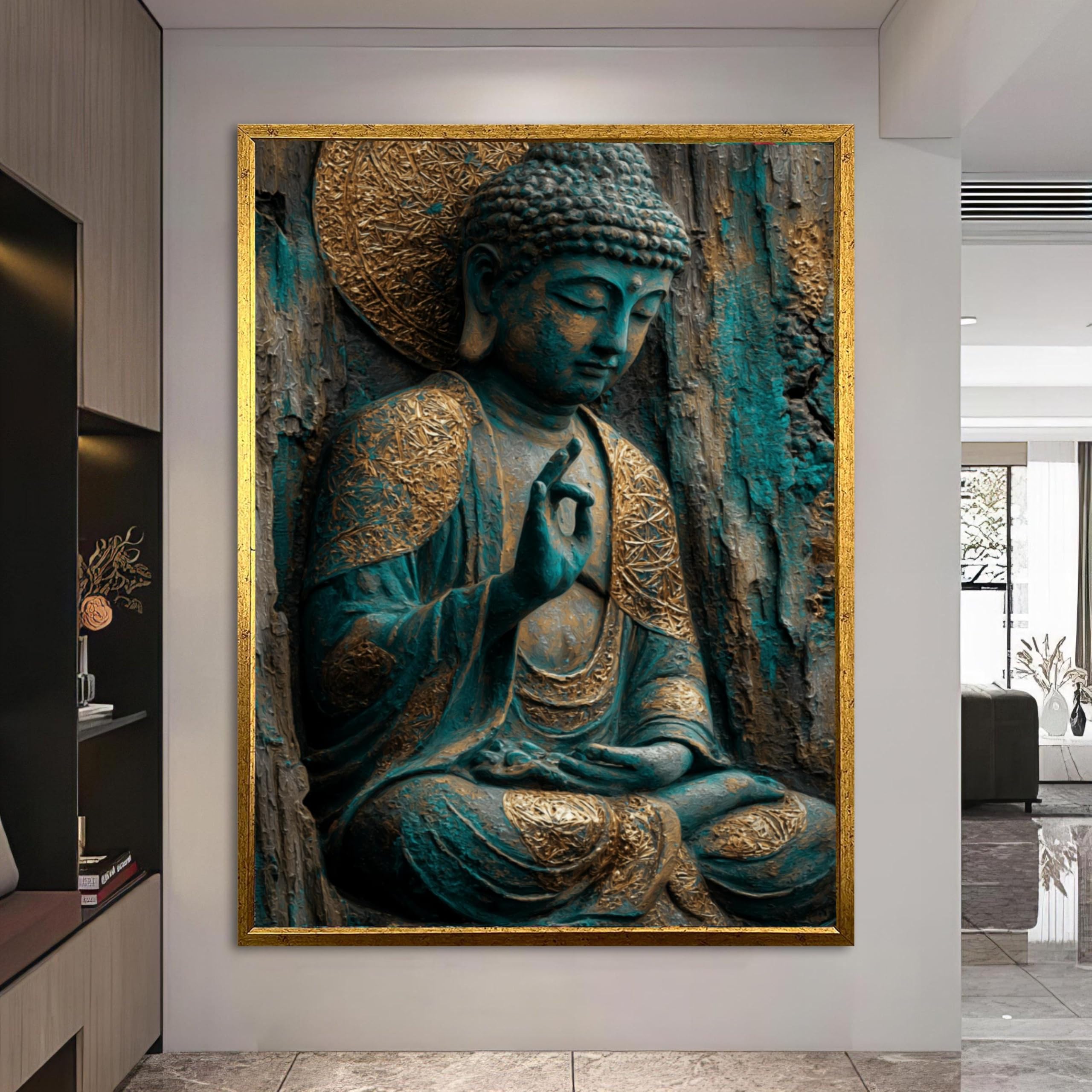 XBTYKPB Cuadro de pared con imagen de Buda meditando sereno, decoración espiritual para yoga, pintura de estatua de Buda zen, lienzo en tonos dorados y turquesa, para la mente (70x100cm/sin marco).