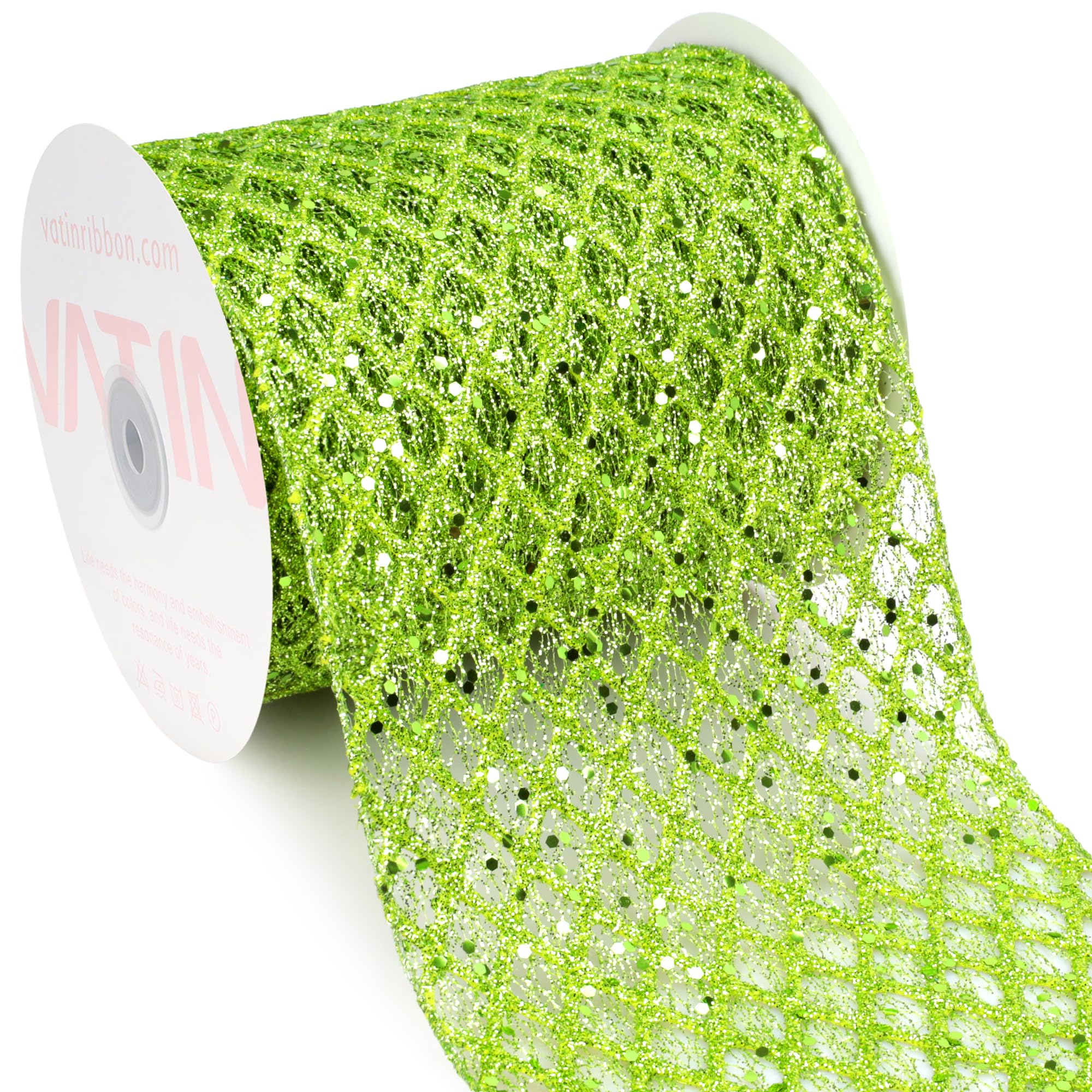 VATIN Apple Green Glitter Wired Ribbon 16cm x 9 Metres for Christmas Decorations, Wreath Supplies, Tree Bow, Crafts - Sparkle Christmas Ribbon โ image 1