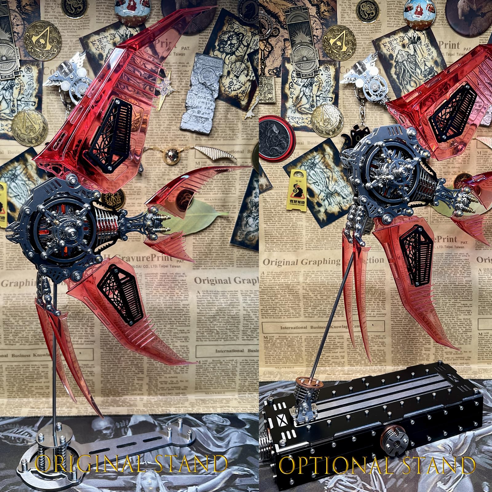 Metalkitor Metalowe puzzle 3D dla dorosłych - zestaw modelowy skalary z magnetycznymi światłami sterującymi, steampunk, ozdoba DIY, montaż łamigłówki, 529 szt., czerwone
