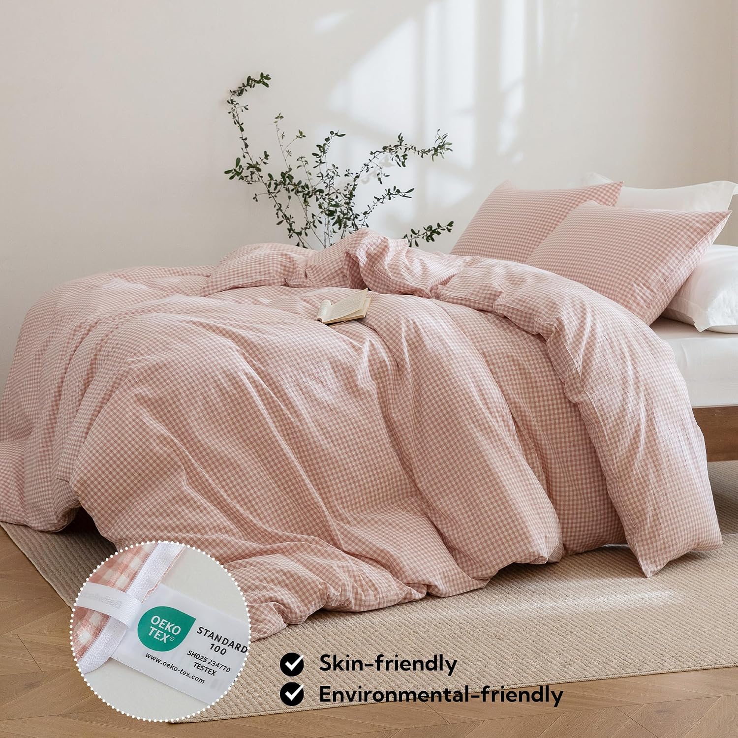 MILDLY Gingham Duvet Cover - 100% Washed Cotton Linen Feel Light Pink Plaid Comforter Cover Set with Dual Zipper & 8 Corner Ties 90"x90"